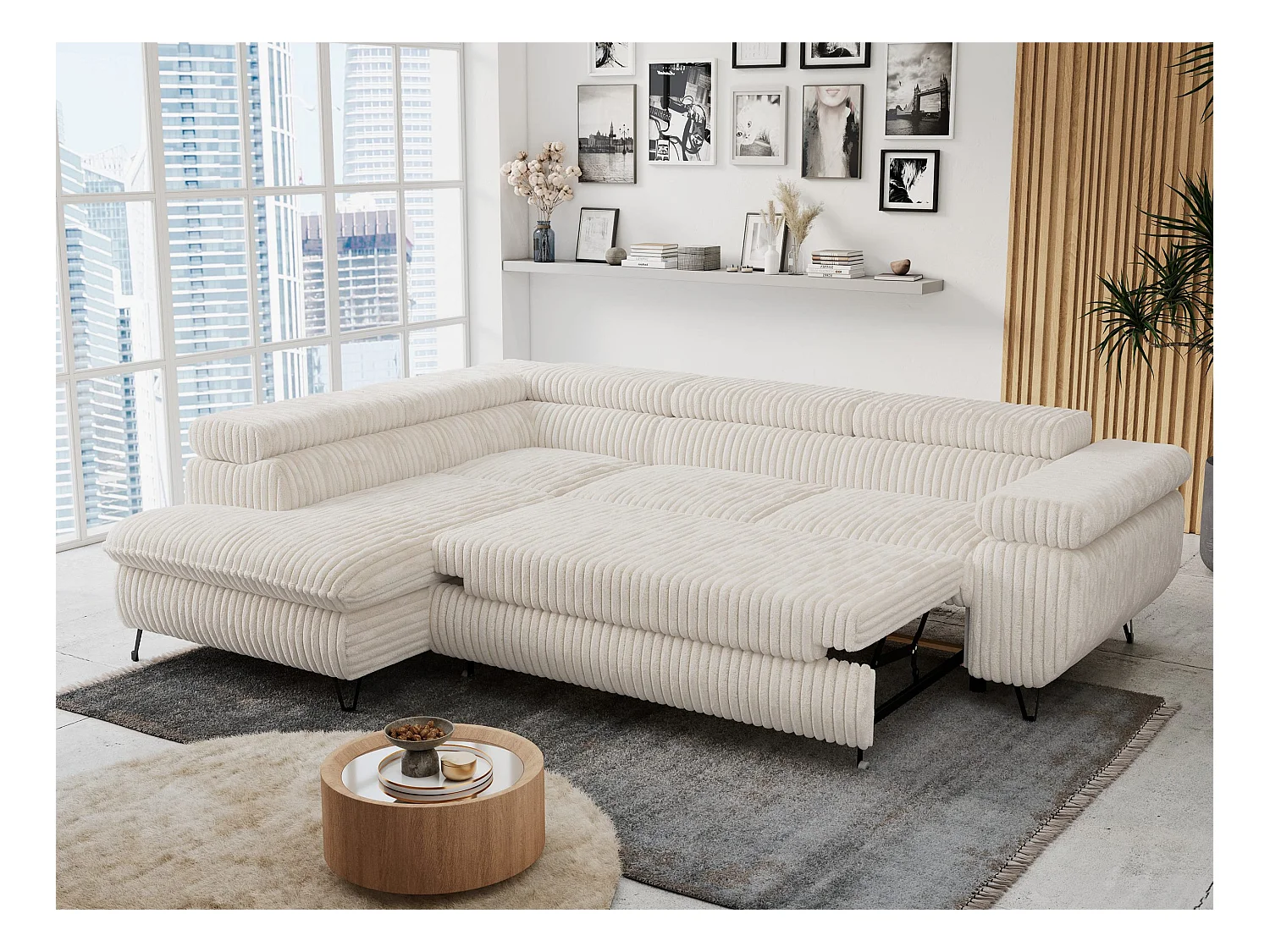 Ecksofa PETER verstellbare Kopfstütze, schlaffunktion - Beige Cord - Ecke Links