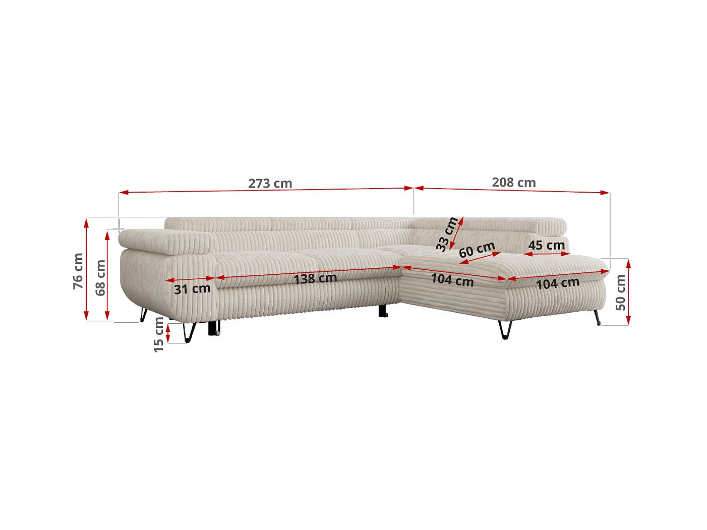 Ecksofa PETER verstellbare Kopfstütze, schlaffunktion - Beige Cord - Ecke Links