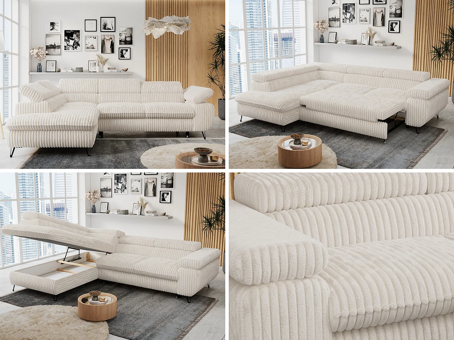 Ecksofa PETER verstellbare Kopfstütze, schlaffunktion - Beige Cord - Ecke Links