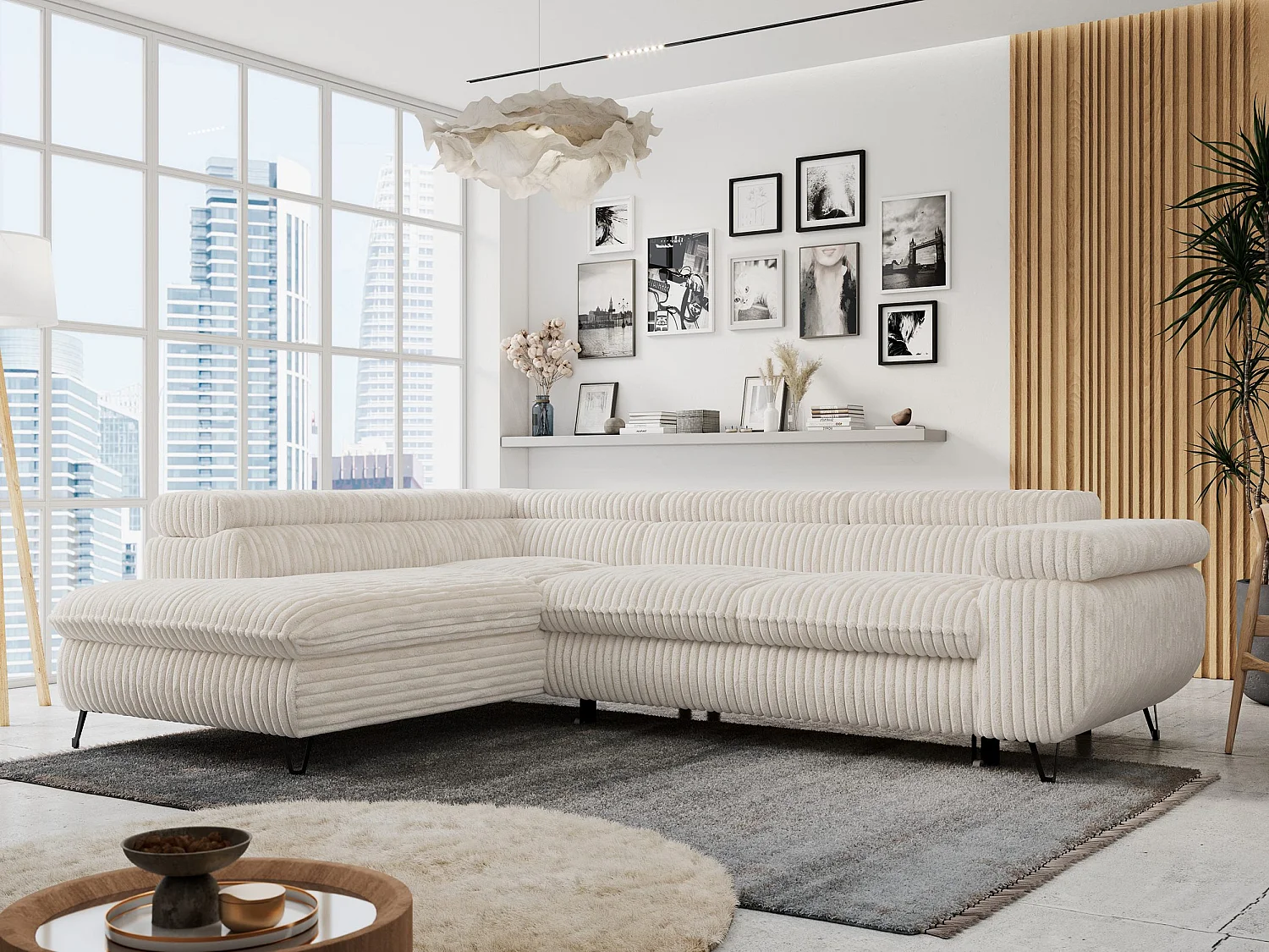 Ecksofa PETER verstellbare Kopfstütze, schlaffunktion - Beige Cord - Ecke Links