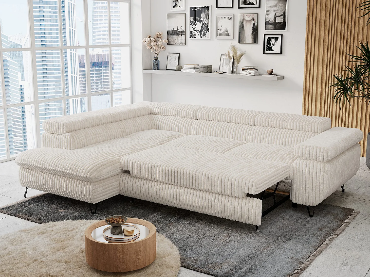 Ecksofa PETER verstellbare Kopfstütze, schlaffunktion - Beige Cord - Ecke Links