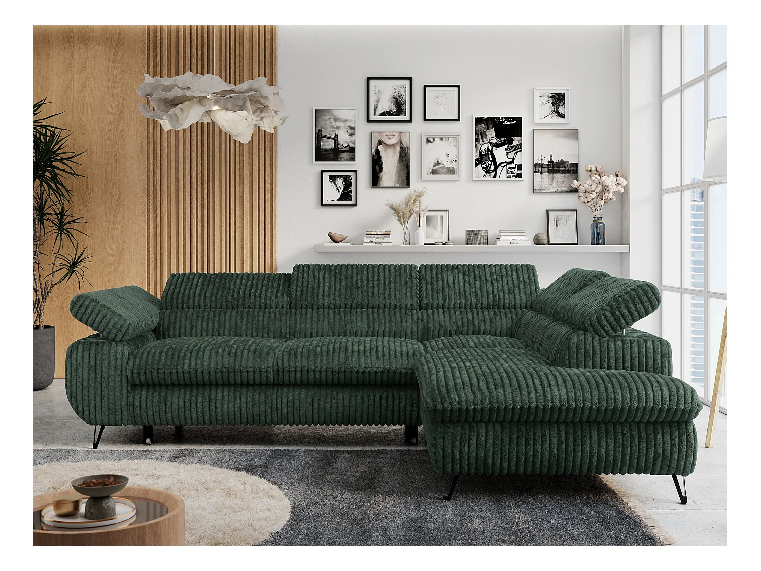 Ecksofa PETER verstellbare Kopfstütze, schlaffunktion - Grün Cord - Ecke Rechts