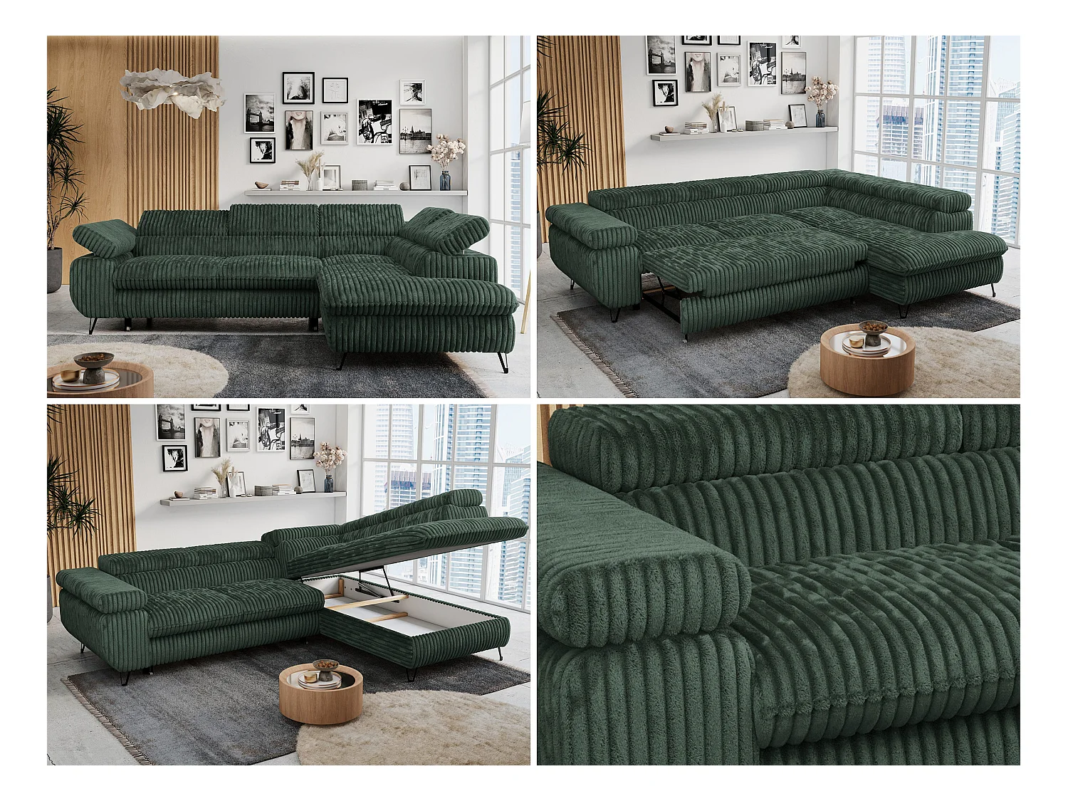 Ecksofa PETER verstellbare Kopfstütze, schlaffunktion - Grün Cord - Ecke Rechts