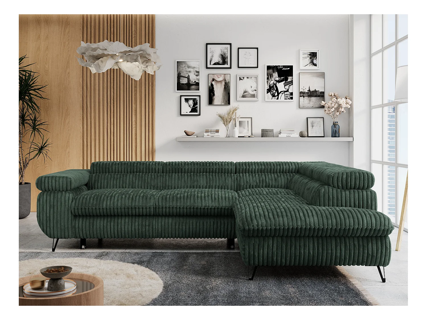 Ecksofa PETER verstellbare Kopfstütze, schlaffunktion - Grün Cord - Ecke Rechts