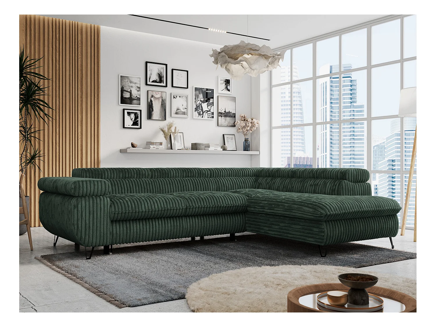 Ecksofa PETER verstellbare Kopfstütze, schlaffunktion - Grün Cord - Ecke Rechts