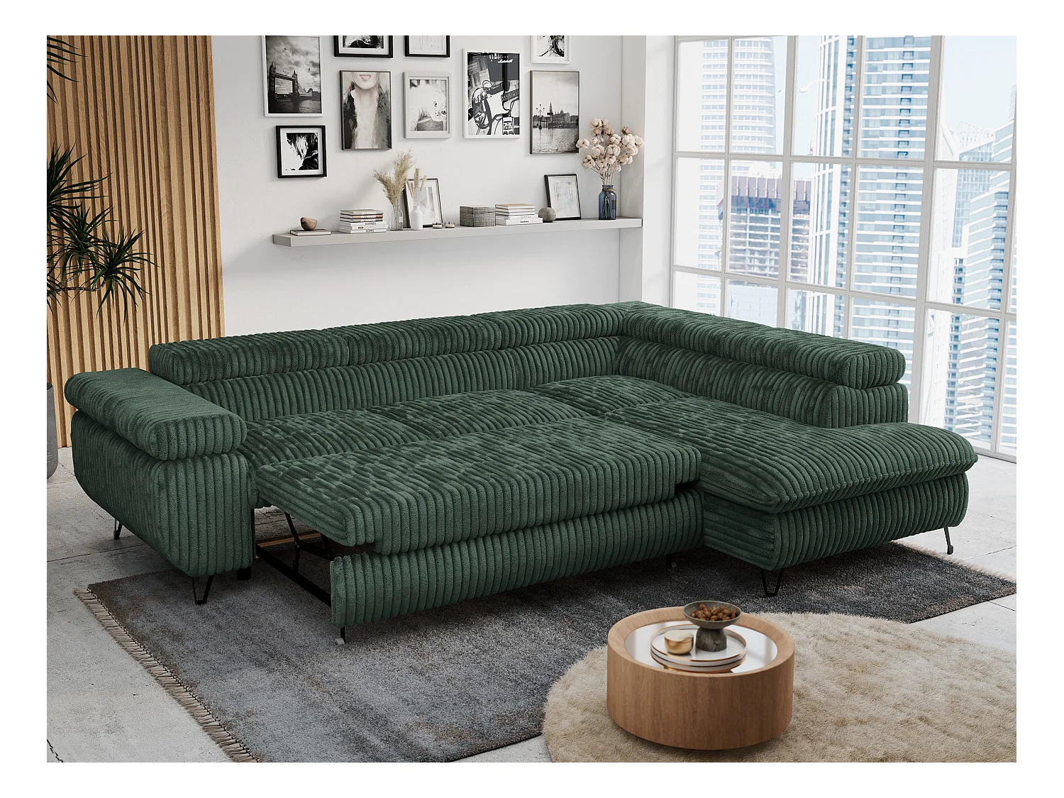 Ecksofa PETER verstellbare Kopfstütze, schlaffunktion - Grün Cord - Ecke Rechts