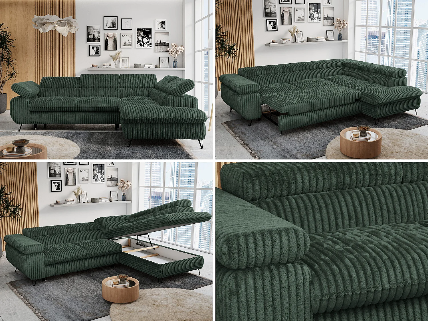 Ecksofa PETER verstellbare Kopfstütze, schlaffunktion - Grün Cord - Ecke Rechts