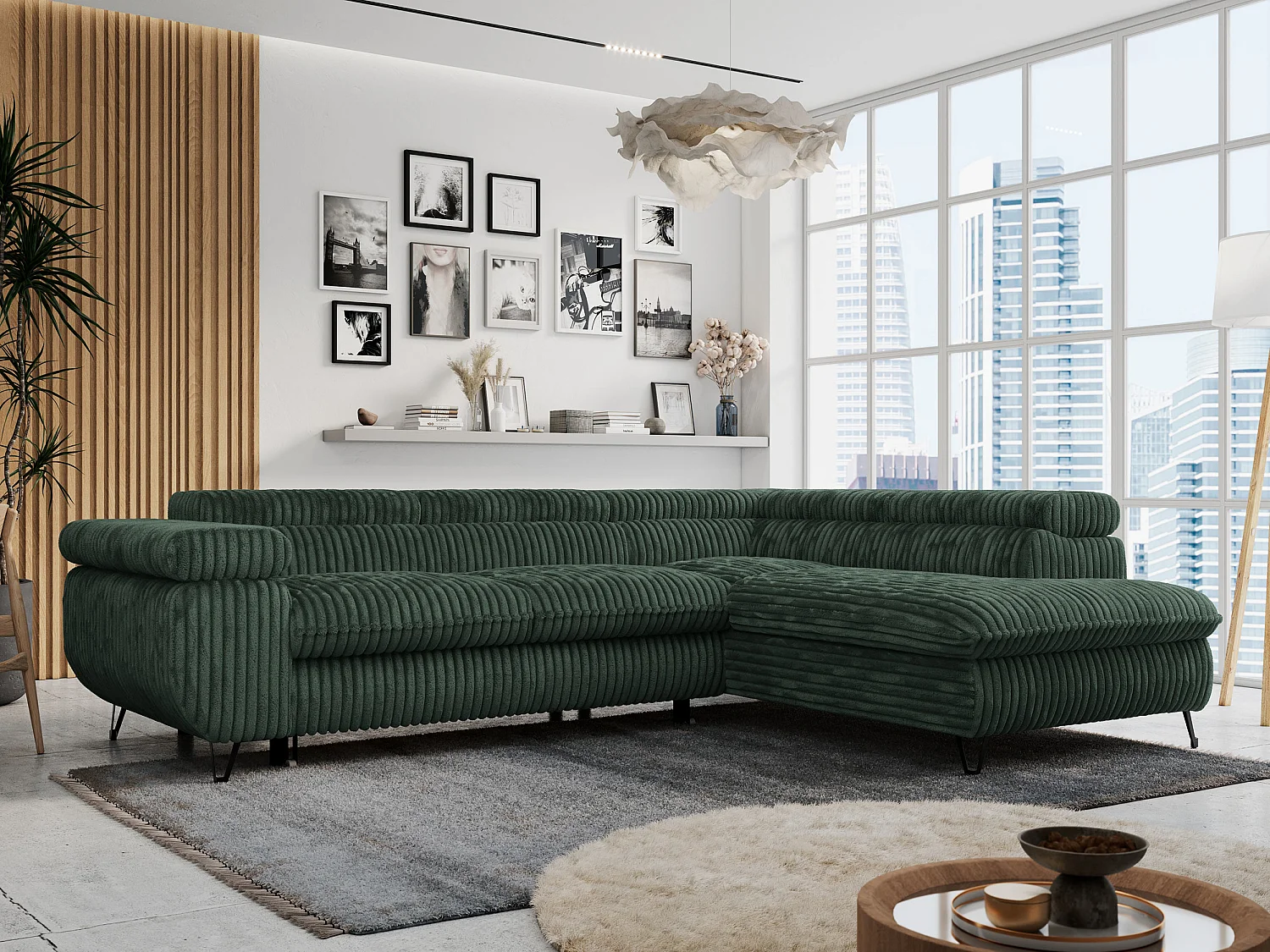 Ecksofa PETER verstellbare Kopfstütze, schlaffunktion - Grün Cord - Ecke Rechts