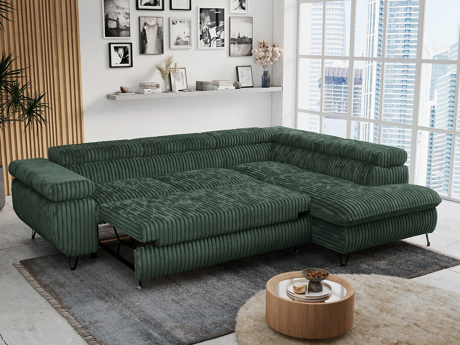 Ecksofa PETER verstellbare Kopfstütze, schlaffunktion - Grün Cord - Ecke Rechts