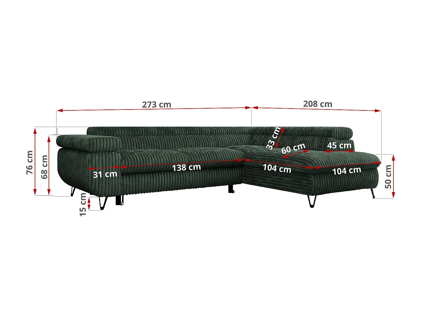 Ecksofa PETER verstellbare Kopfstütze, schlaffunktion - Grün Cord - Ecke Rechts