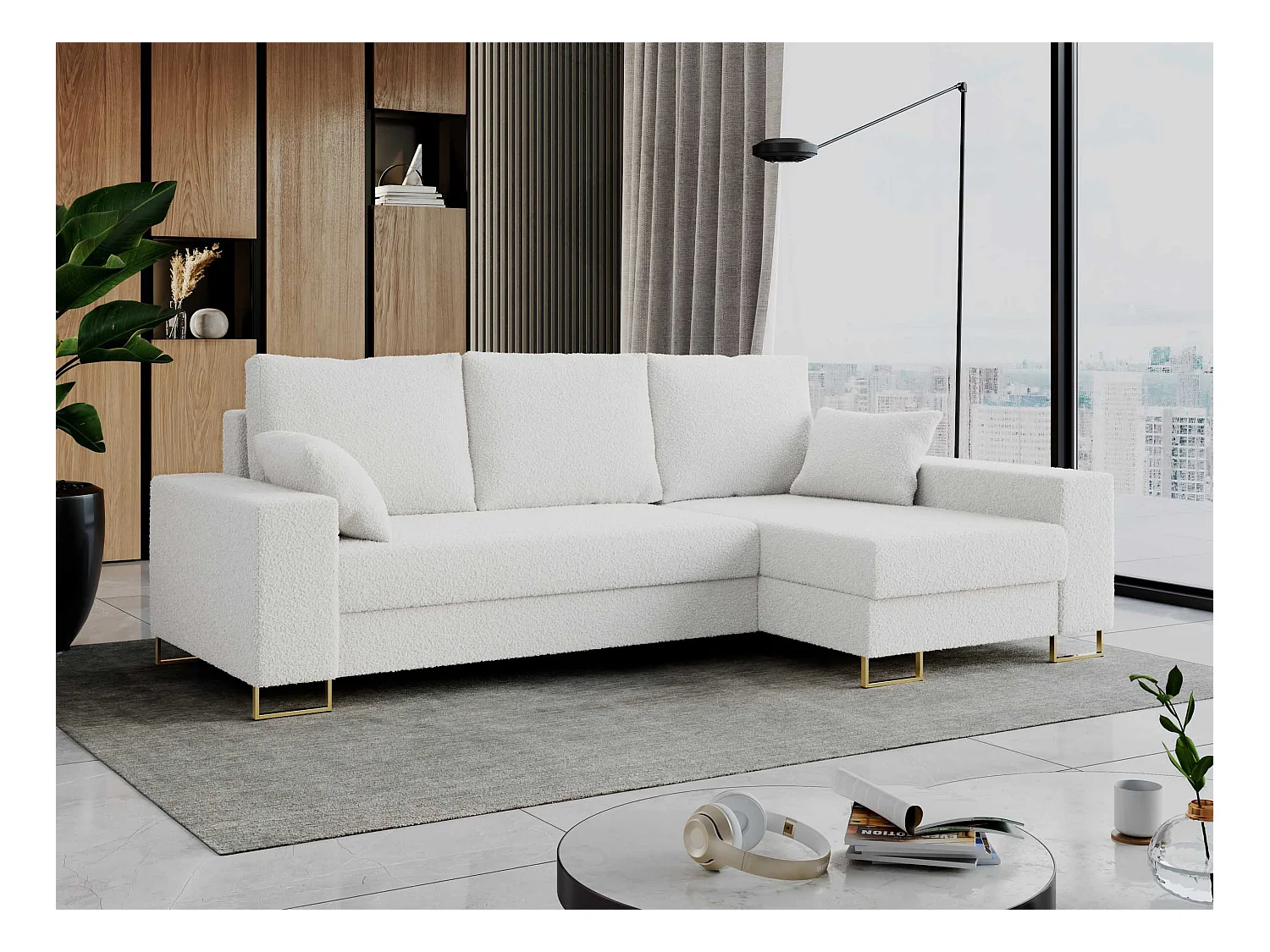 Ecksofa DORIAN - schlaffunktion und Bettkasten, lose Kissen - Weiß Boucle