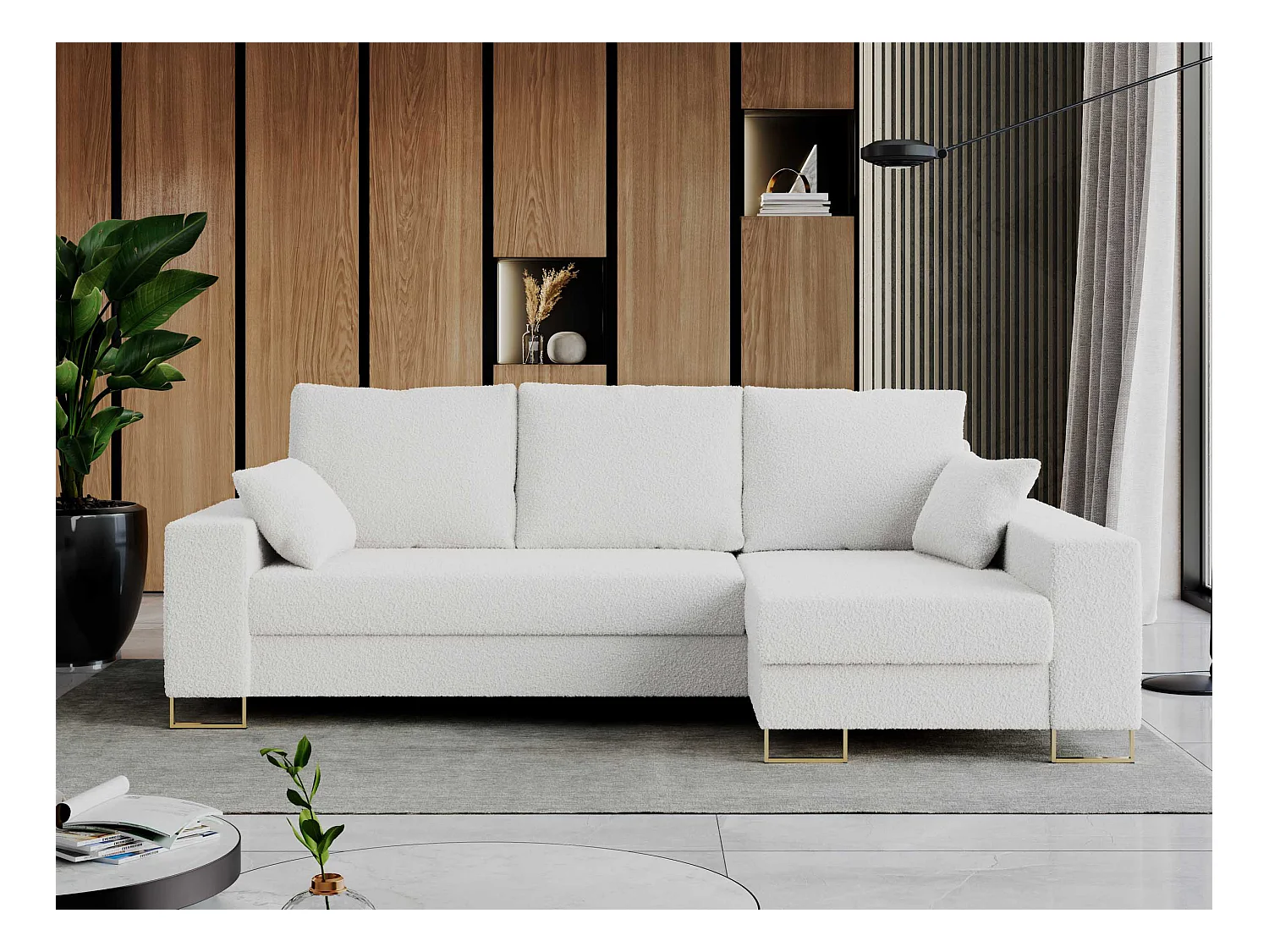 Ecksofa DORIAN - schlaffunktion und Bettkasten, lose Kissen - Weiß Boucle