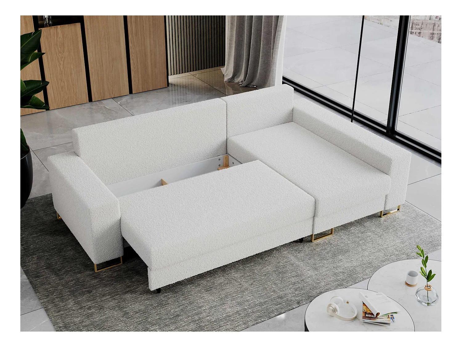 Ecksofa DORIAN - schlaffunktion und Bettkasten, lose Kissen - Weiß Boucle