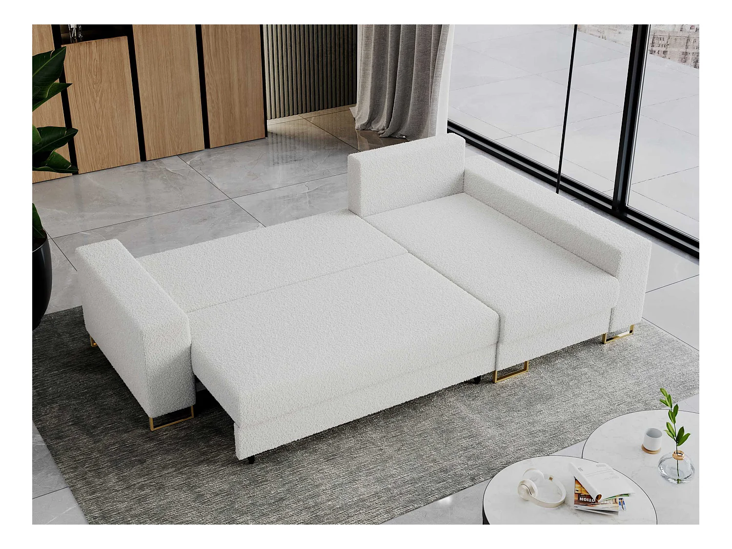 Ecksofa DORIAN - schlaffunktion und Bettkasten, lose Kissen - Weiß Boucle