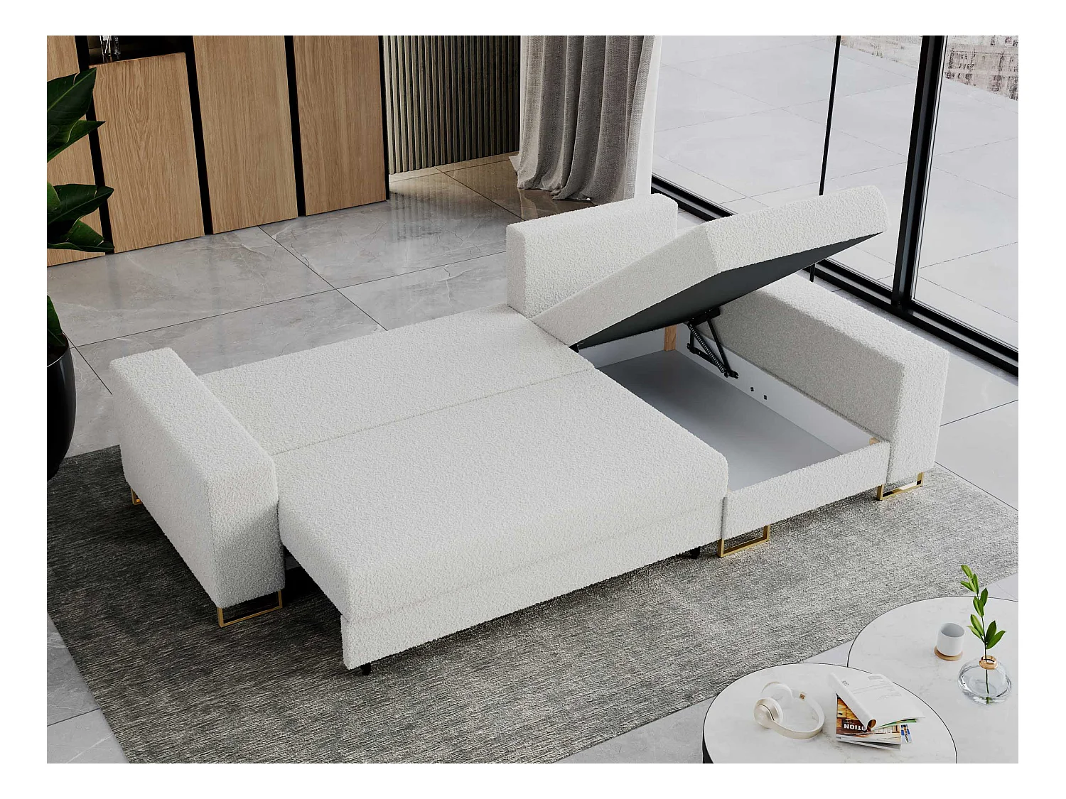 Ecksofa DORIAN - schlaffunktion und Bettkasten, lose Kissen - Weiß Boucle