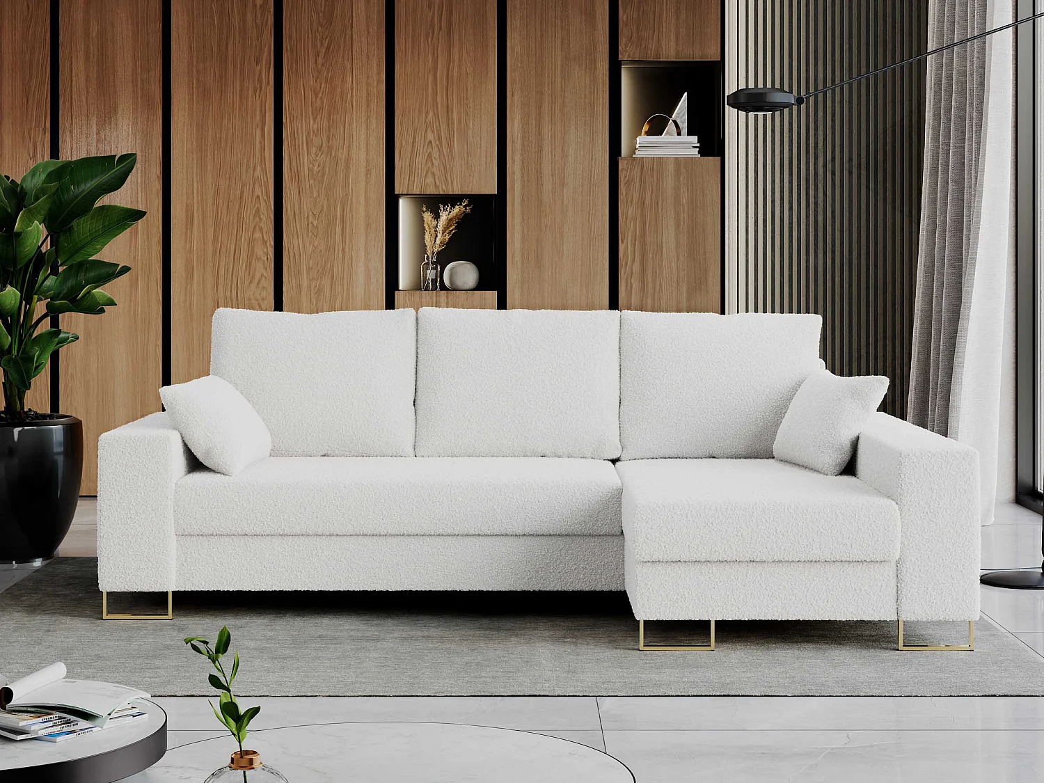 Ecksofa DORIAN - schlaffunktion und Bettkasten, lose Kissen - Weiß Boucle