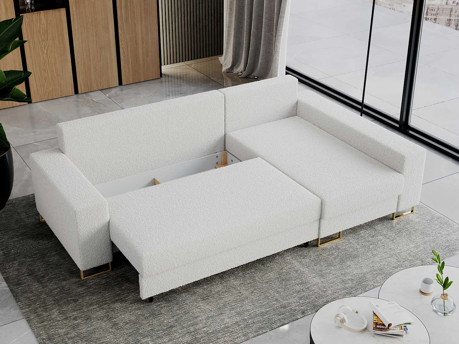 Ecksofa DORIAN - schlaffunktion und Bettkasten, lose Kissen - Weiß Boucle