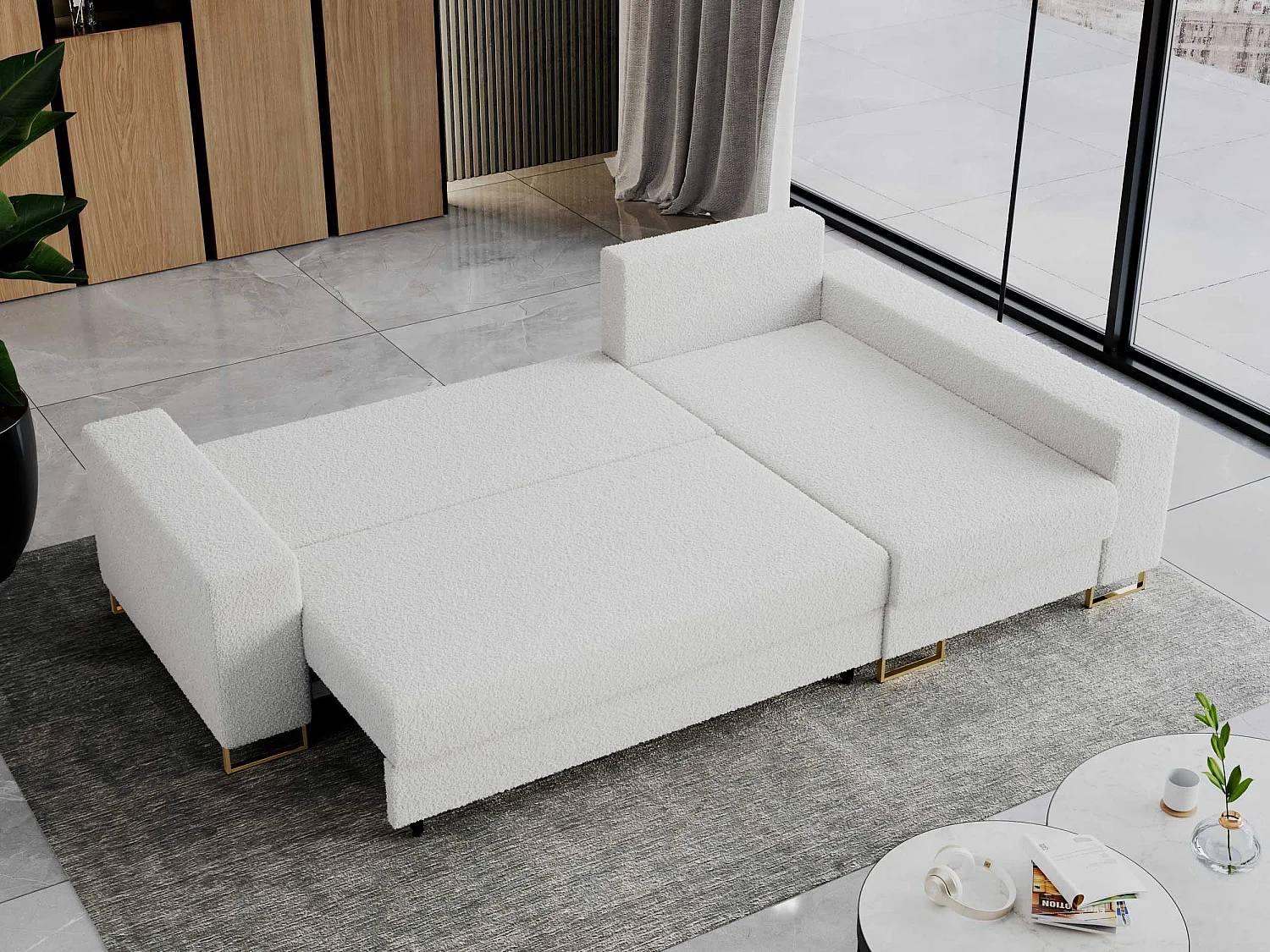 Ecksofa DORIAN - schlaffunktion und Bettkasten, lose Kissen - Weiß Boucle