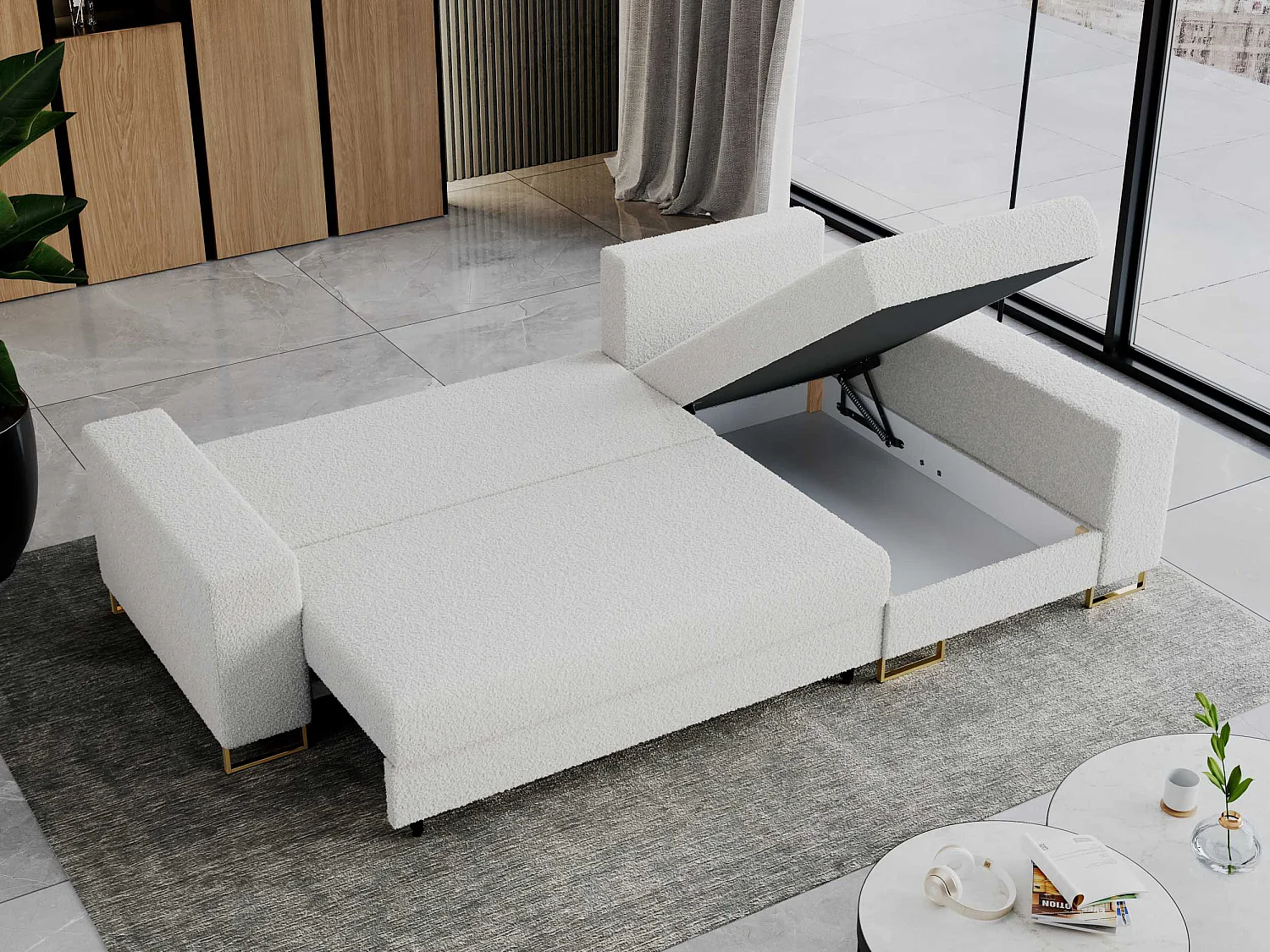 Ecksofa DORIAN - schlaffunktion und Bettkasten, lose Kissen - Weiß Boucle