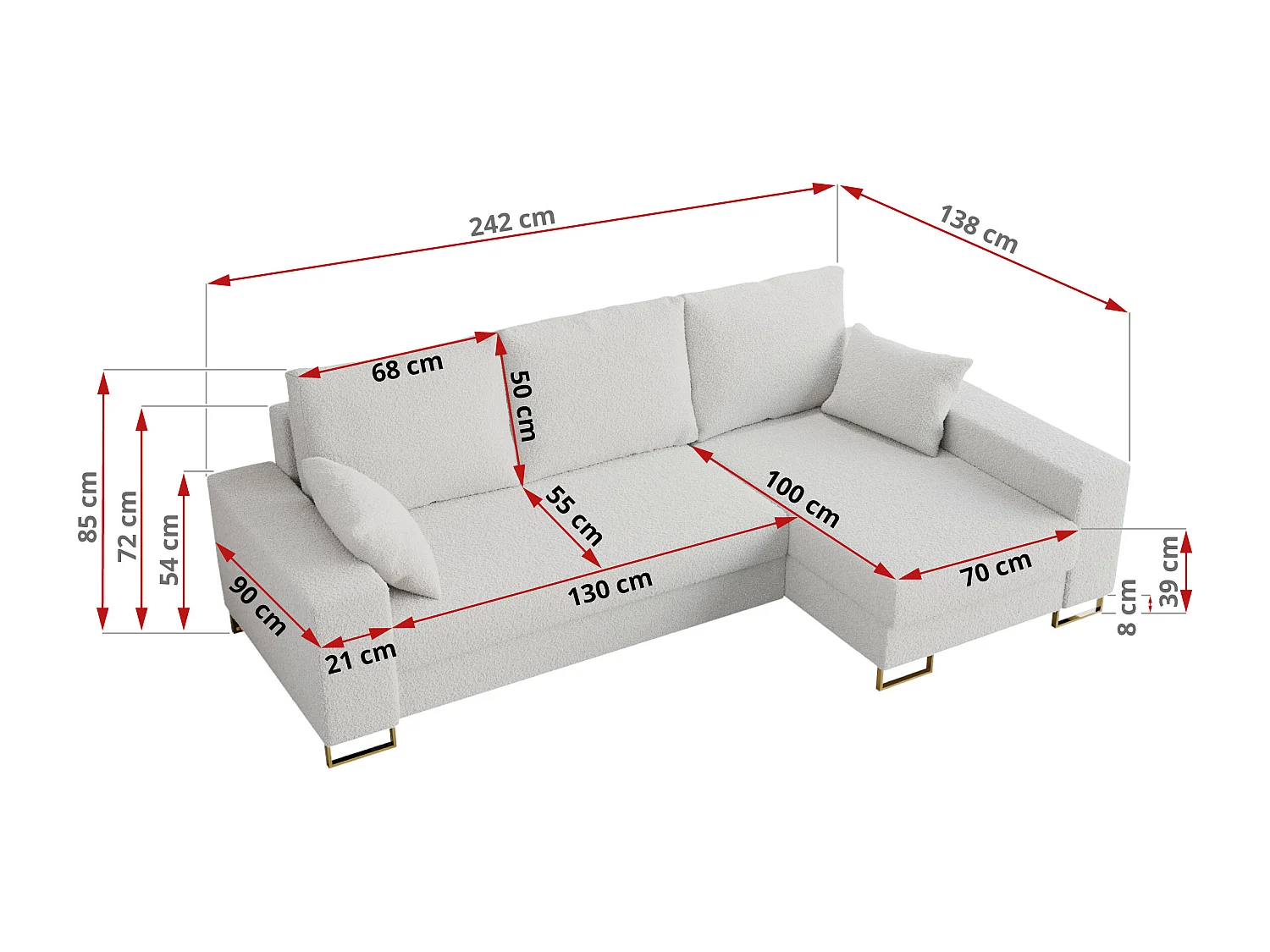 Ecksofa DORIAN - schlaffunktion und Bettkasten, lose Kissen - Weiß Boucle