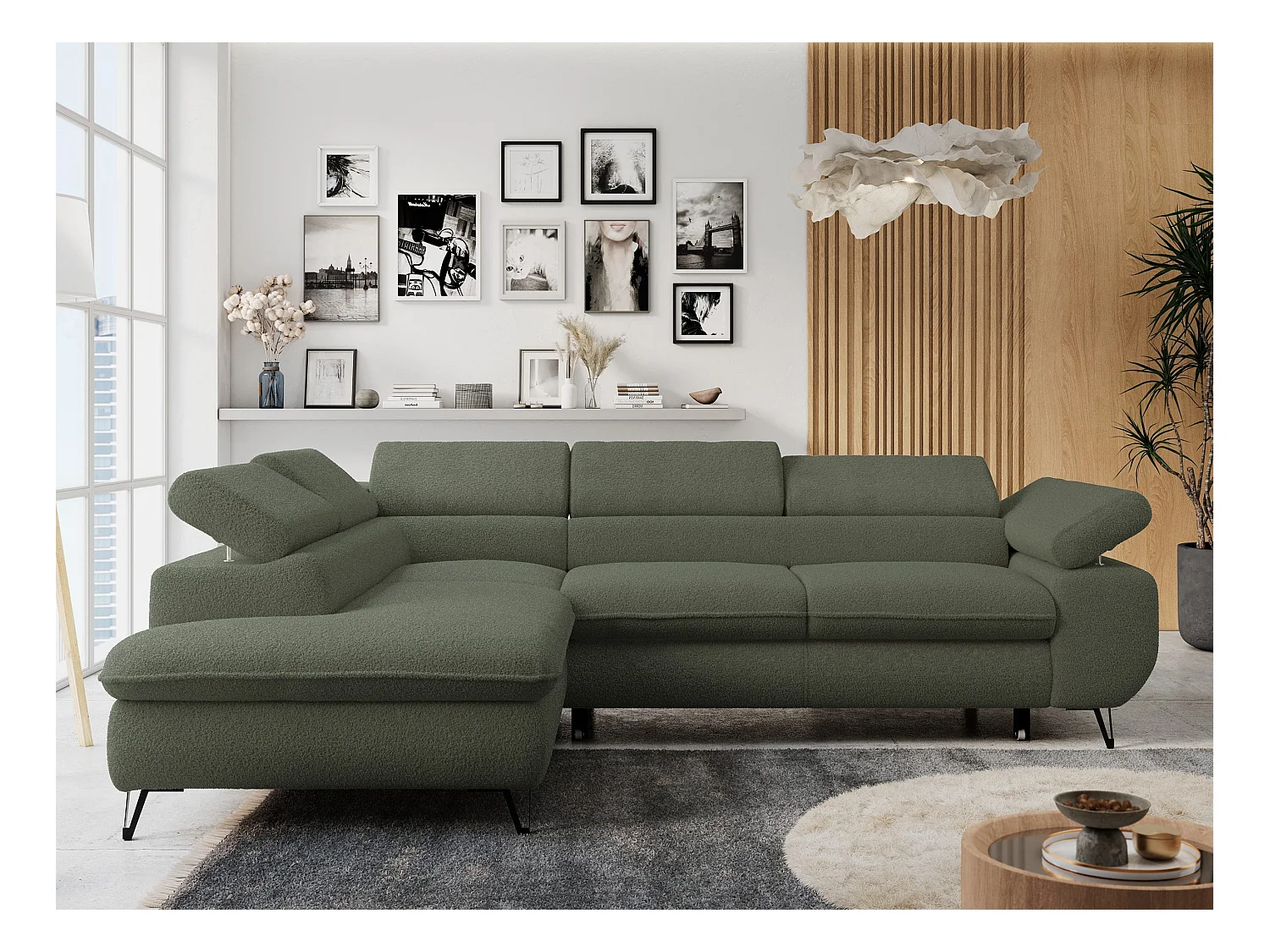 Ecksofa PETER verstellbare Kopfstütze, schlaffunktion - Grün Boucle - Ecke Links