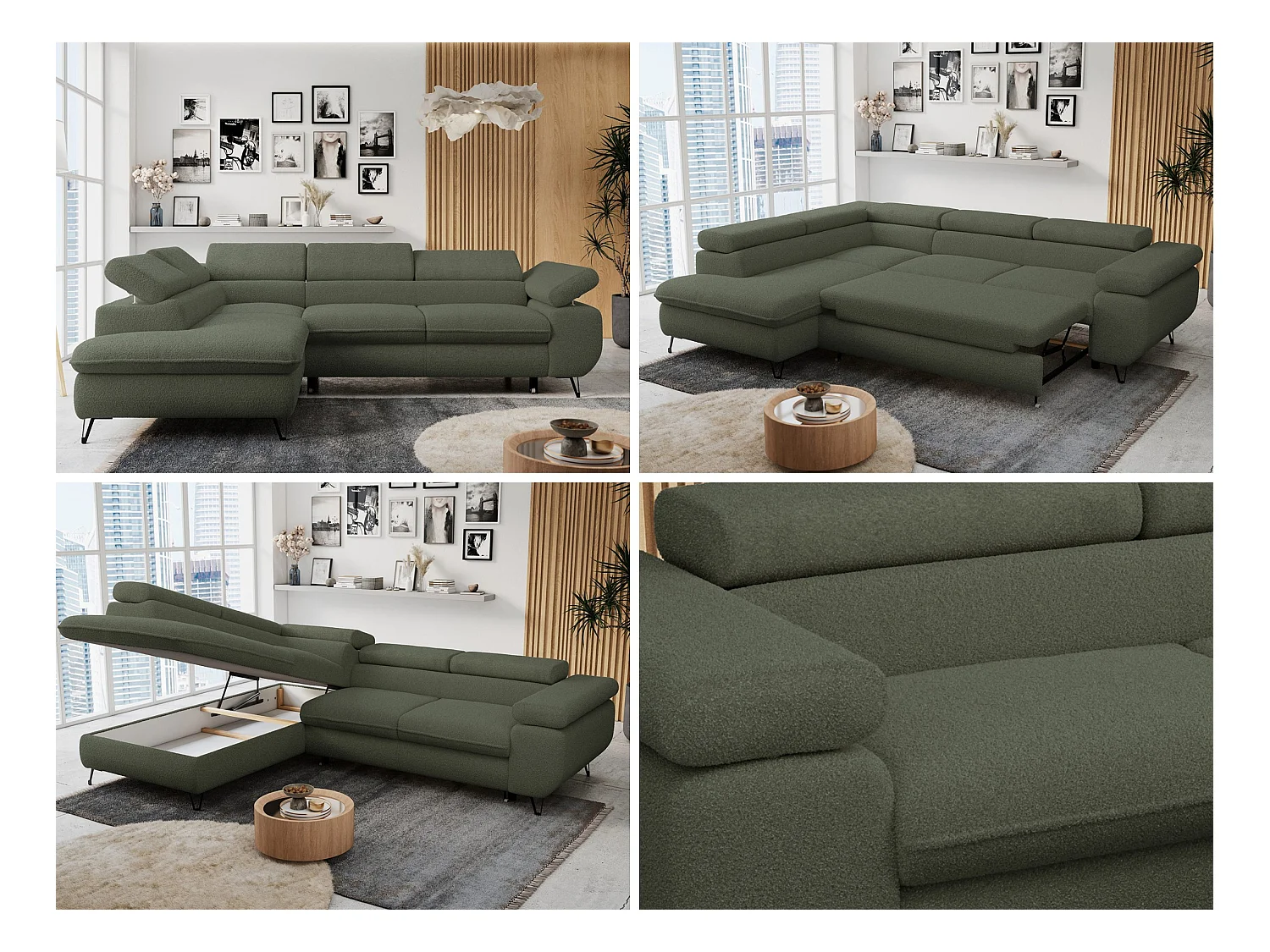 Ecksofa PETER verstellbare Kopfstütze, schlaffunktion - Grün Boucle - Ecke Links