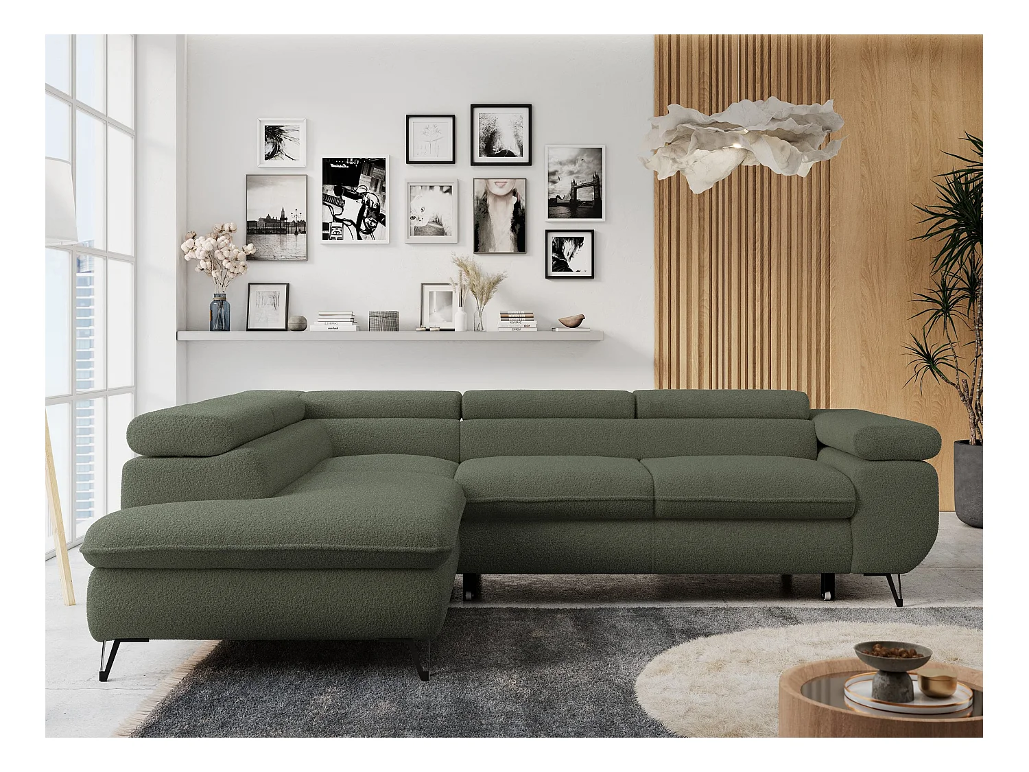 Ecksofa PETER verstellbare Kopfstütze, schlaffunktion - Grün Boucle - Ecke Links