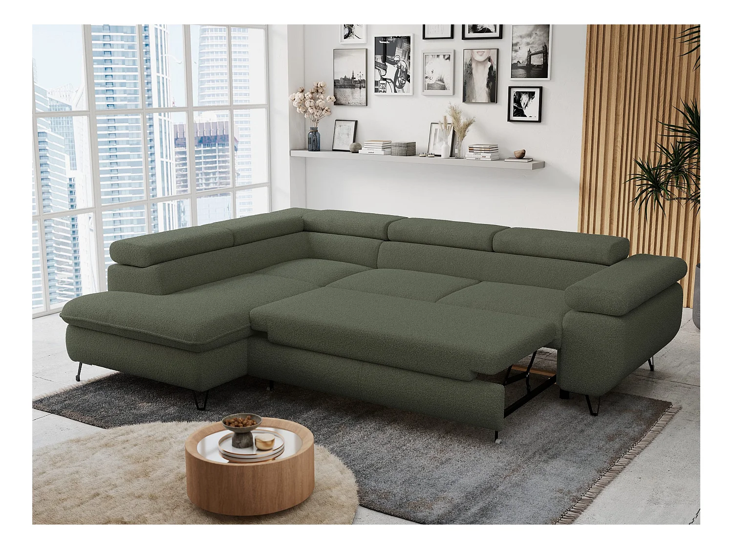 Ecksofa PETER verstellbare Kopfstütze, schlaffunktion - Grün Boucle - Ecke Links