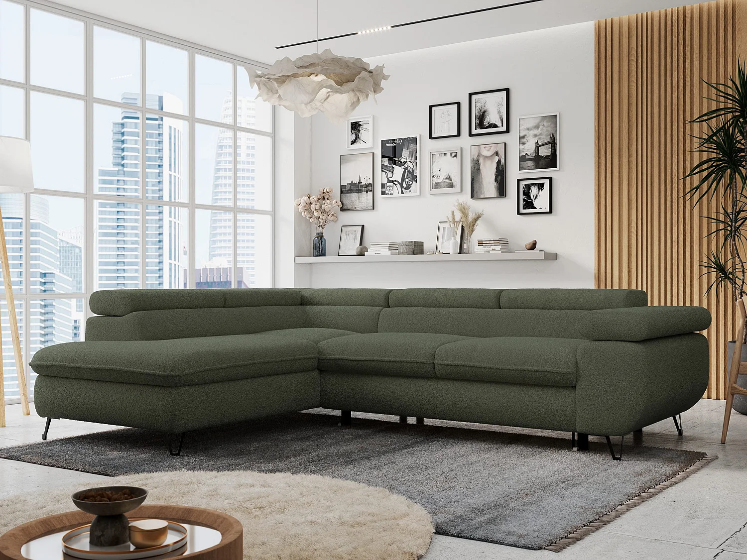 Ecksofa PETER verstellbare Kopfstütze, schlaffunktion - Grün Boucle - Ecke Links