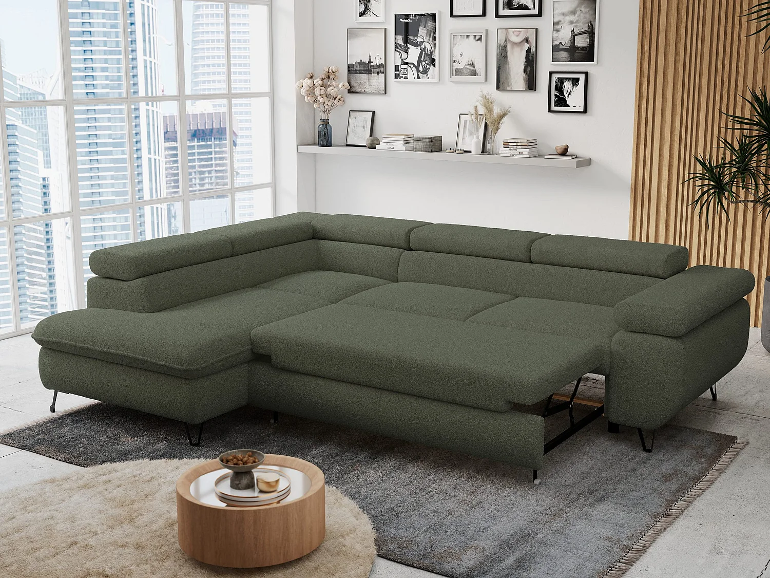 Ecksofa PETER verstellbare Kopfstütze, schlaffunktion - Grün Boucle - Ecke Links