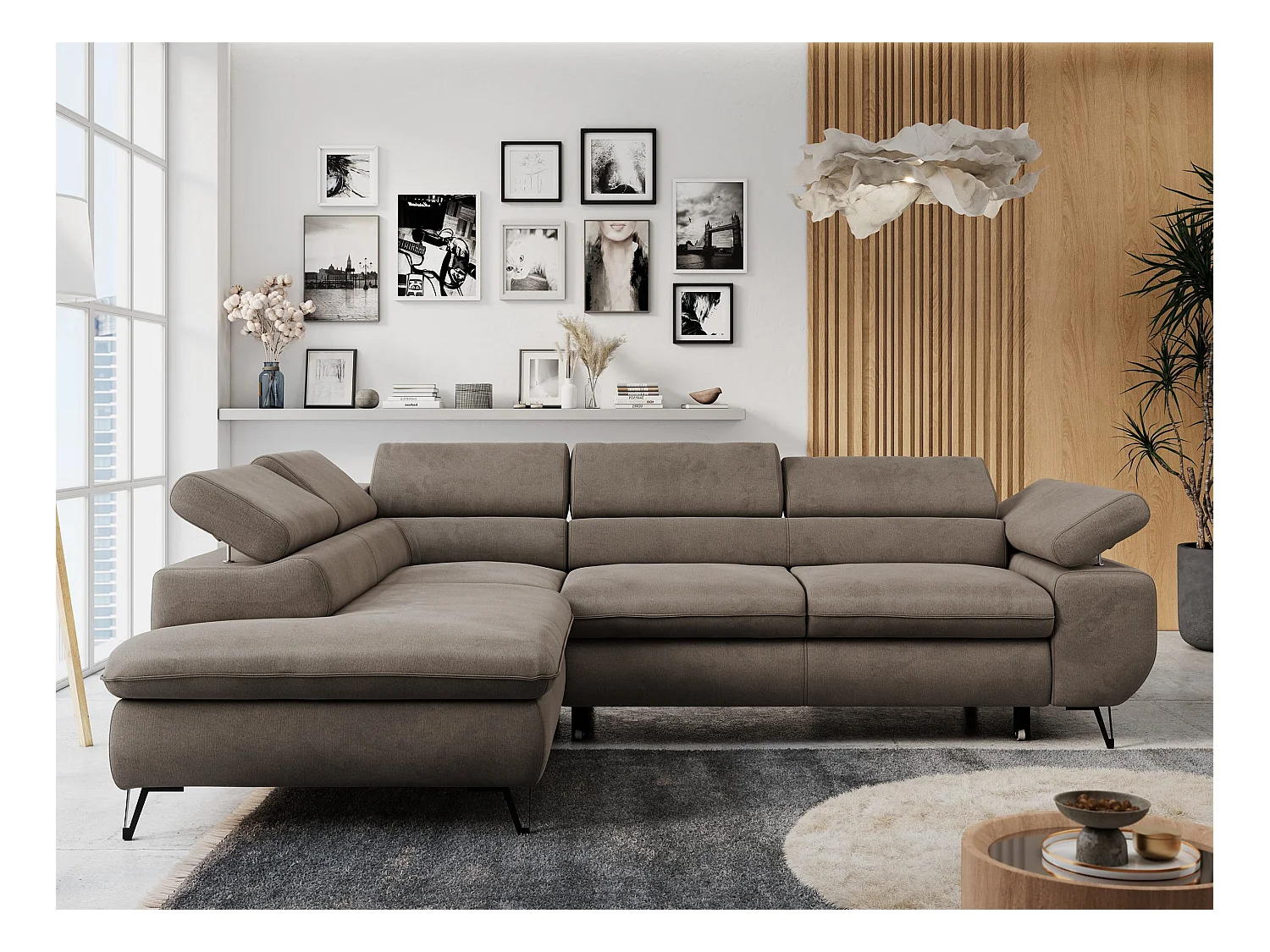 Ecksofa PETER verstellbare Kopfstütze, schlaffunktion - Braun Velvet - Ecke Links