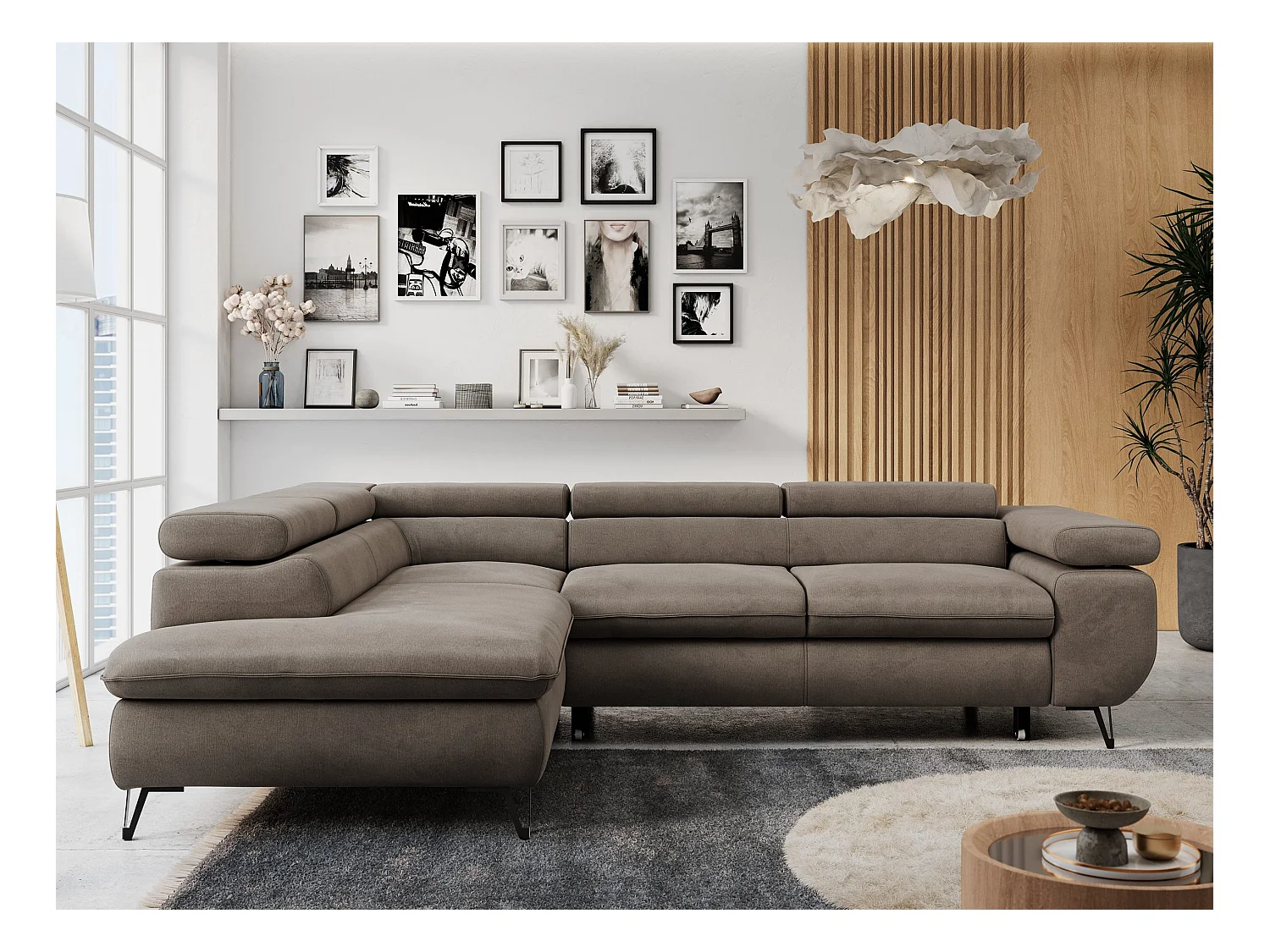 Ecksofa PETER verstellbare Kopfstütze, schlaffunktion - Braun Velvet - Ecke Links