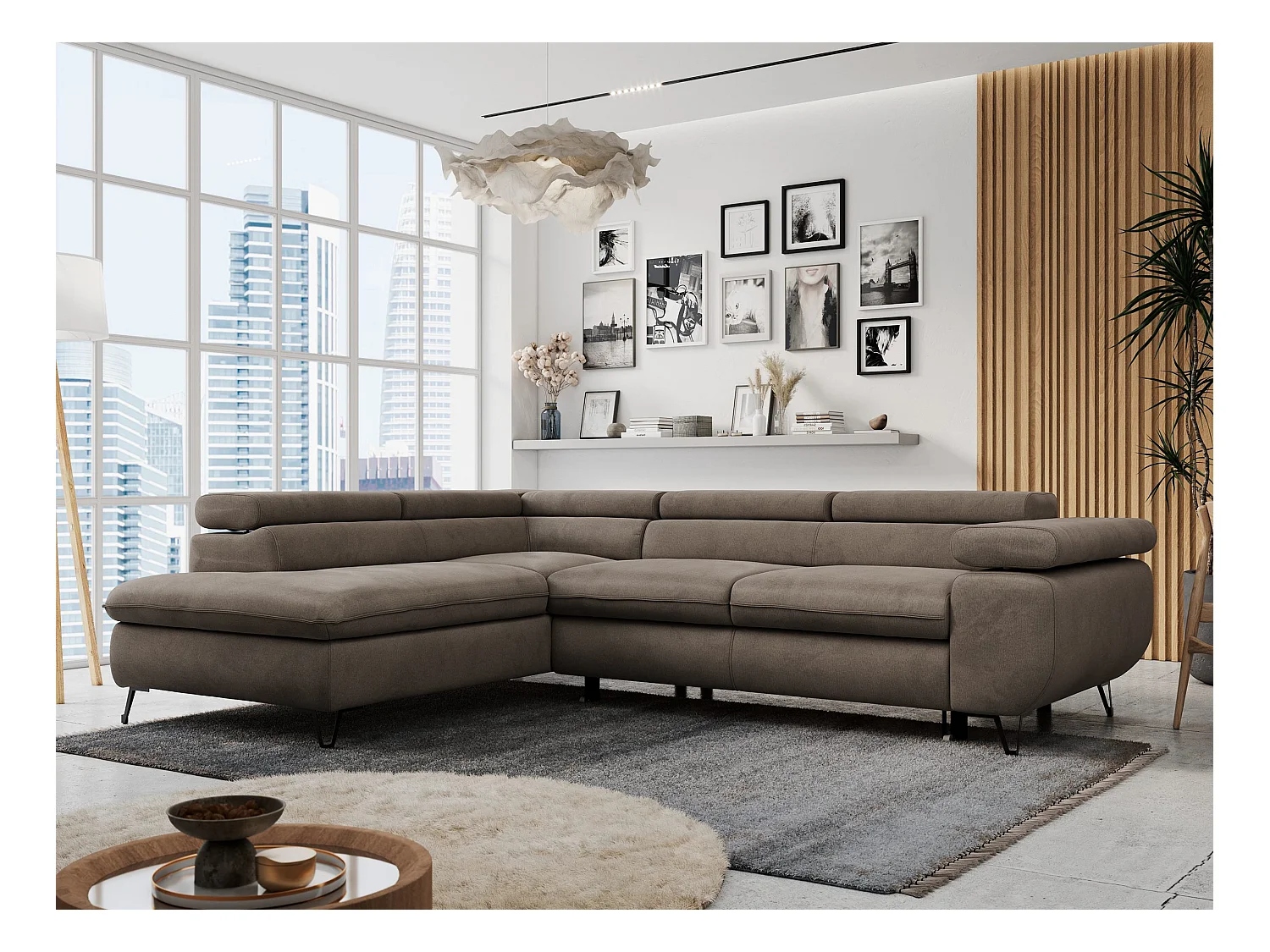 Ecksofa PETER verstellbare Kopfstütze, schlaffunktion - Braun Velvet - Ecke Links