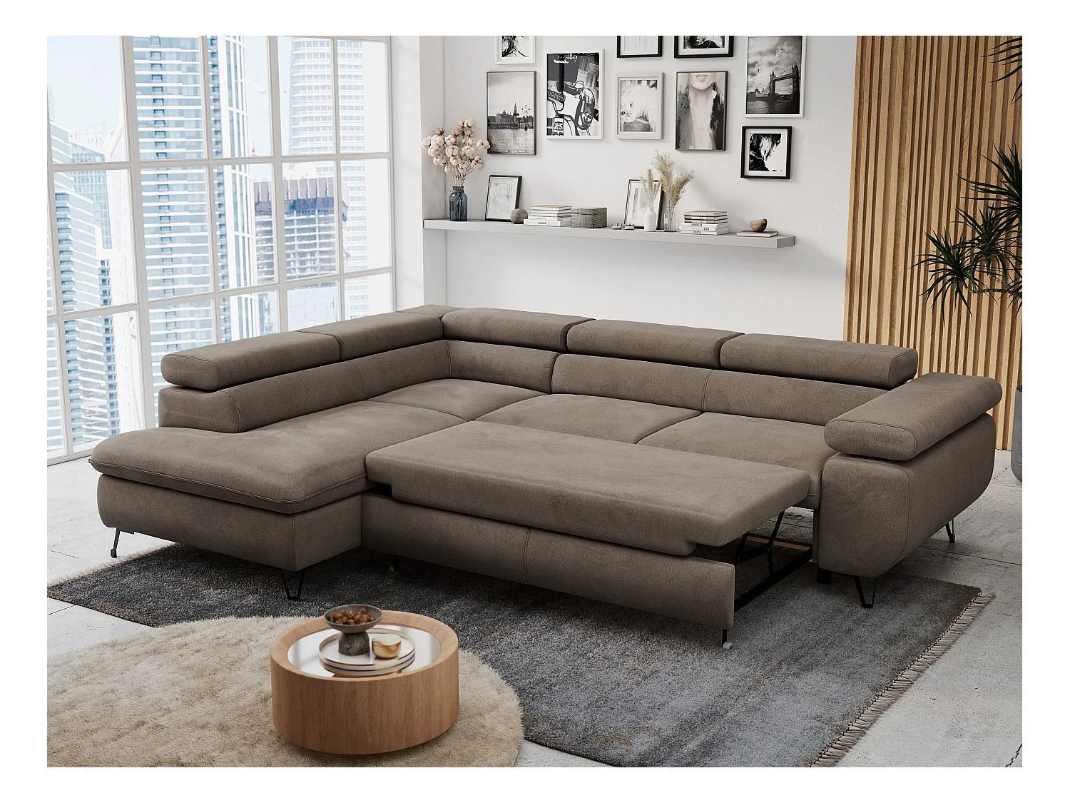 Ecksofa PETER verstellbare Kopfstütze, schlaffunktion - Braun Velvet - Ecke Links