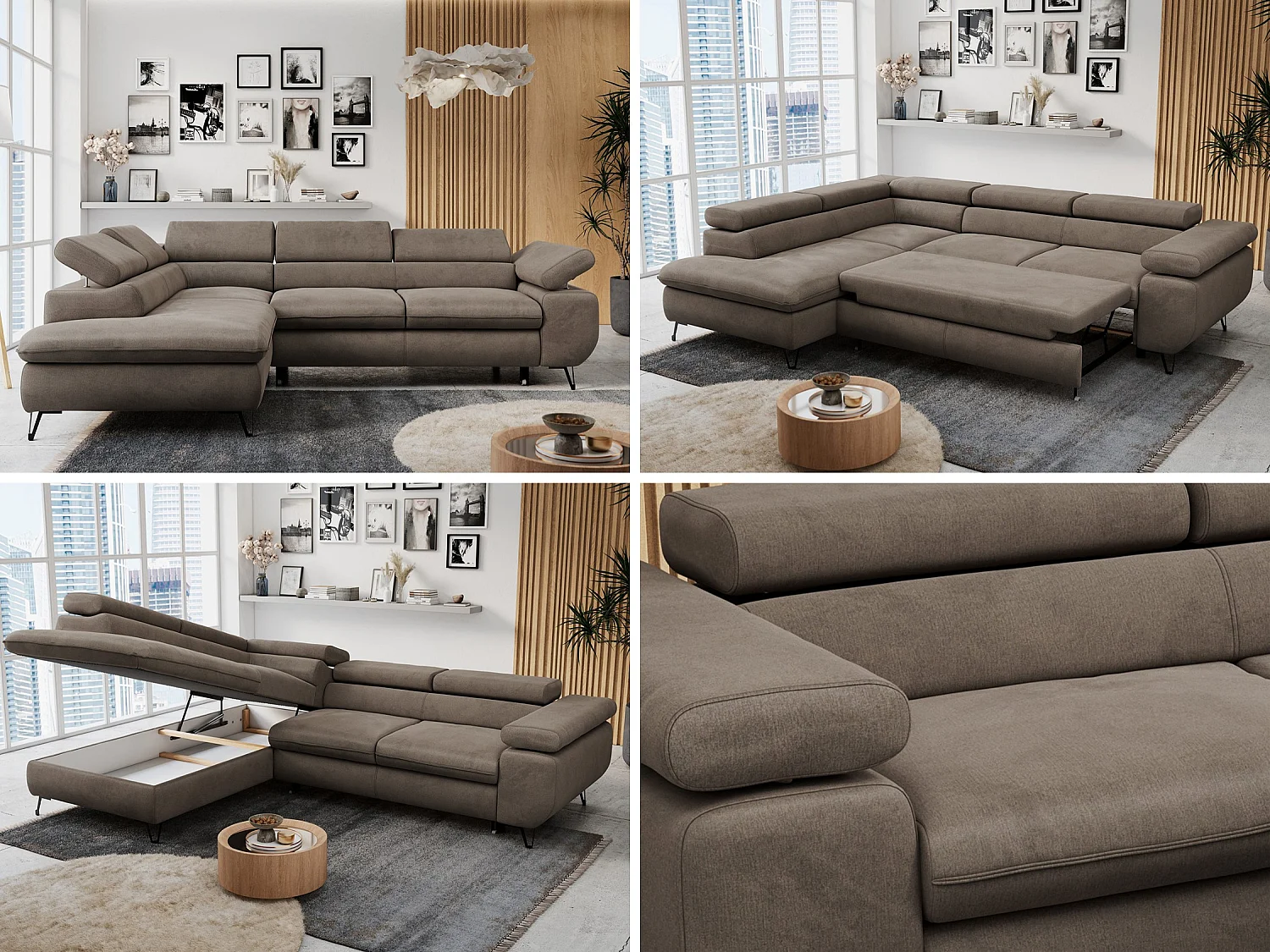 Ecksofa PETER verstellbare Kopfstütze, schlaffunktion - Braun Velvet - Ecke Links