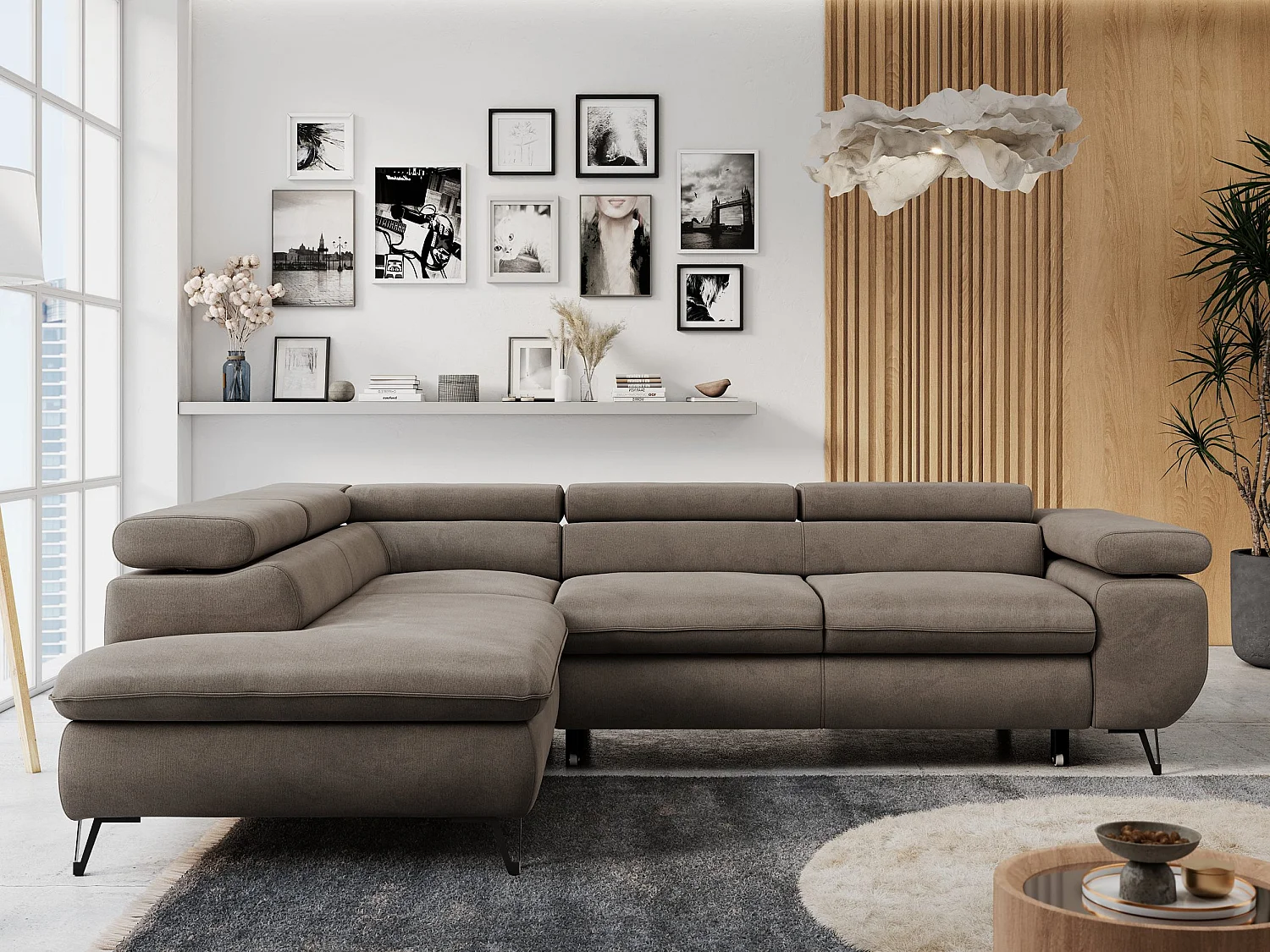 Ecksofa PETER verstellbare Kopfstütze, schlaffunktion - Braun Velvet - Ecke Links