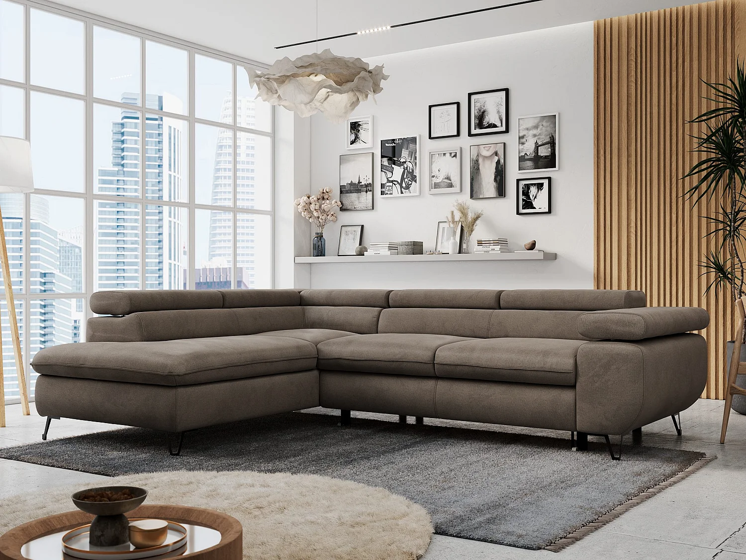 Ecksofa PETER verstellbare Kopfstütze, schlaffunktion - Braun Velvet - Ecke Links