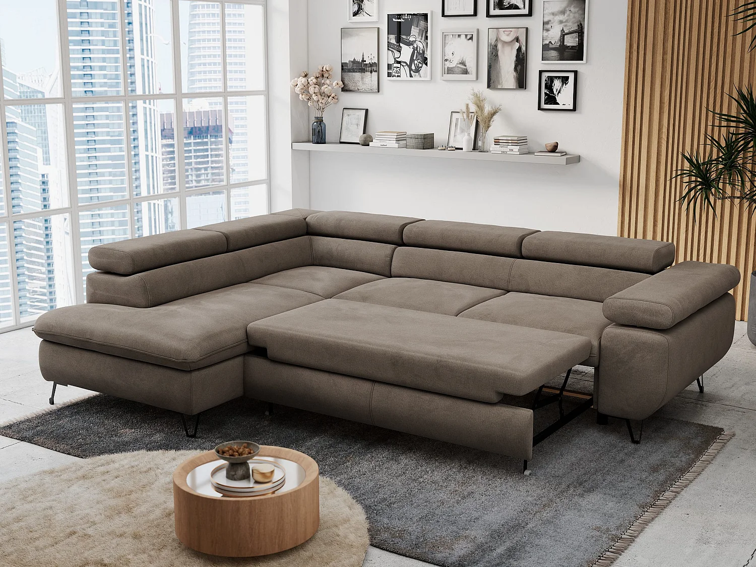 Ecksofa PETER verstellbare Kopfstütze, schlaffunktion - Braun Velvet - Ecke Links