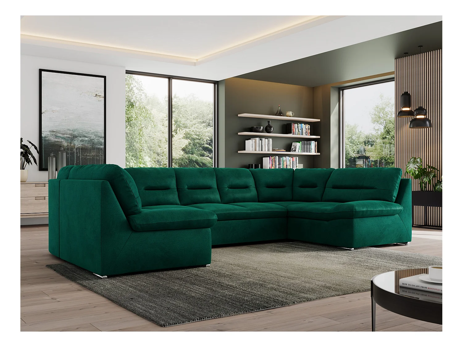 Ecksofa MORBIDO U, XXL Wohnlandschaft mit schlaffunktion - Dunkelgrün Velvet