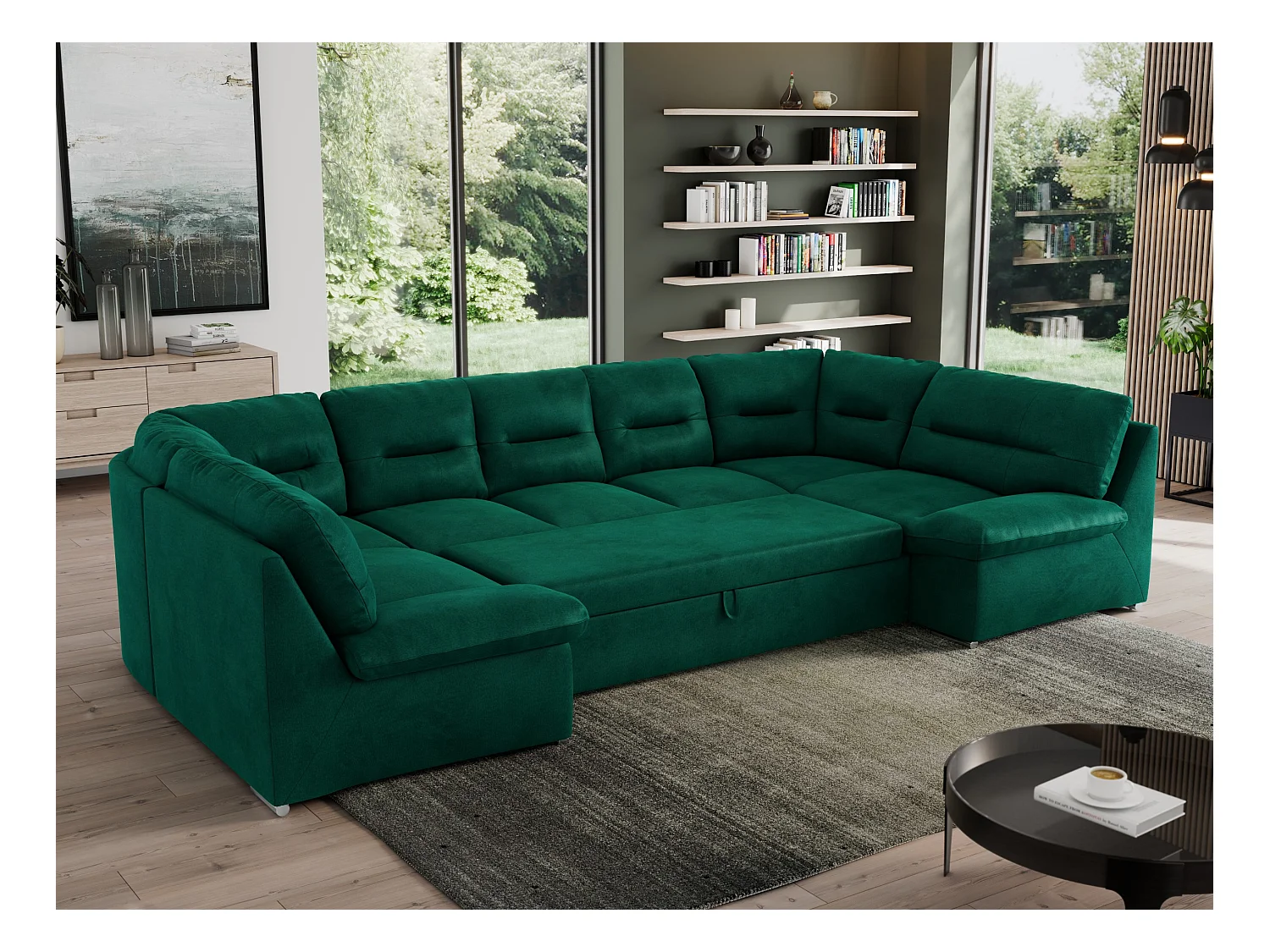 Ecksofa MORBIDO U, XXL Wohnlandschaft mit schlaffunktion - Dunkelgrün Velvet