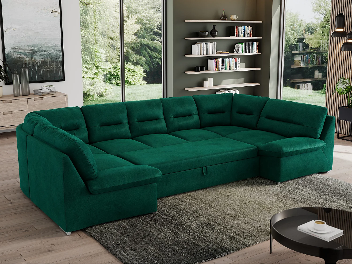 Ecksofa MORBIDO U, XXL Wohnlandschaft mit schlaffunktion - Dunkelgrün Velvet