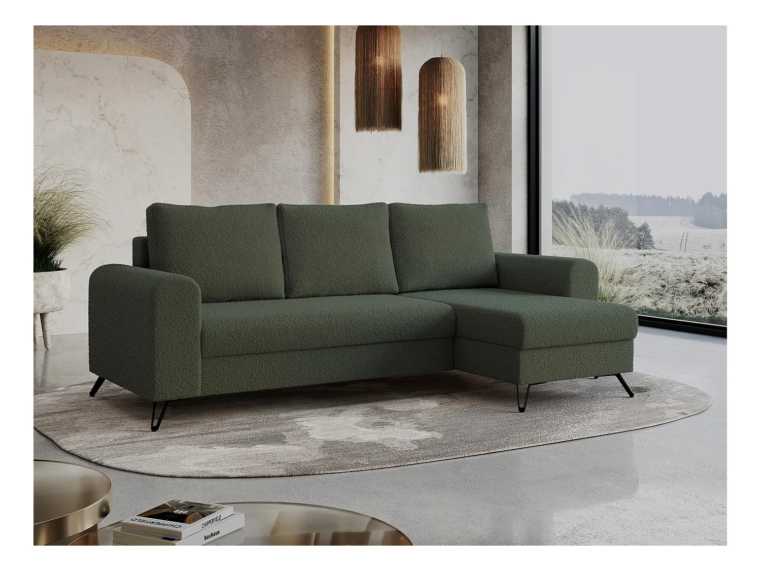 Ecksofa HUGO - L-Form mit Schlaffunktion, lose Kissen - Grün Boucle