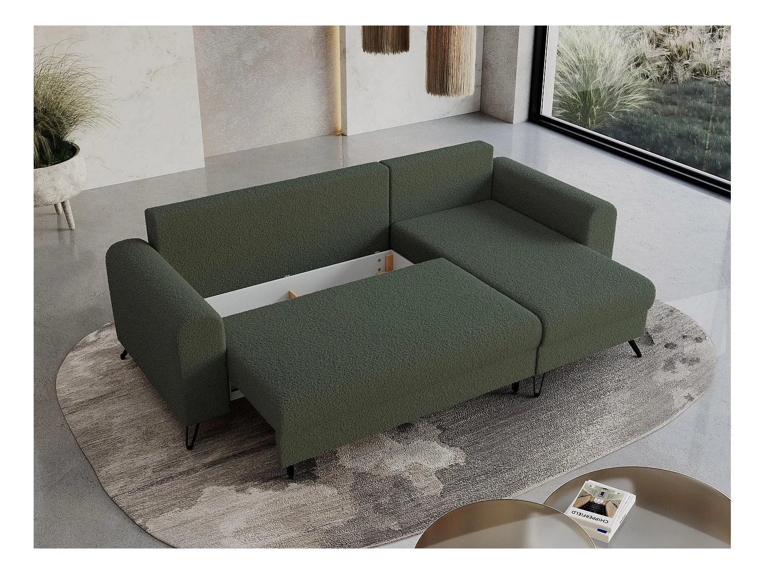 Ecksofa HUGO - L-Form mit Schlaffunktion, lose Kissen - Grün Boucle