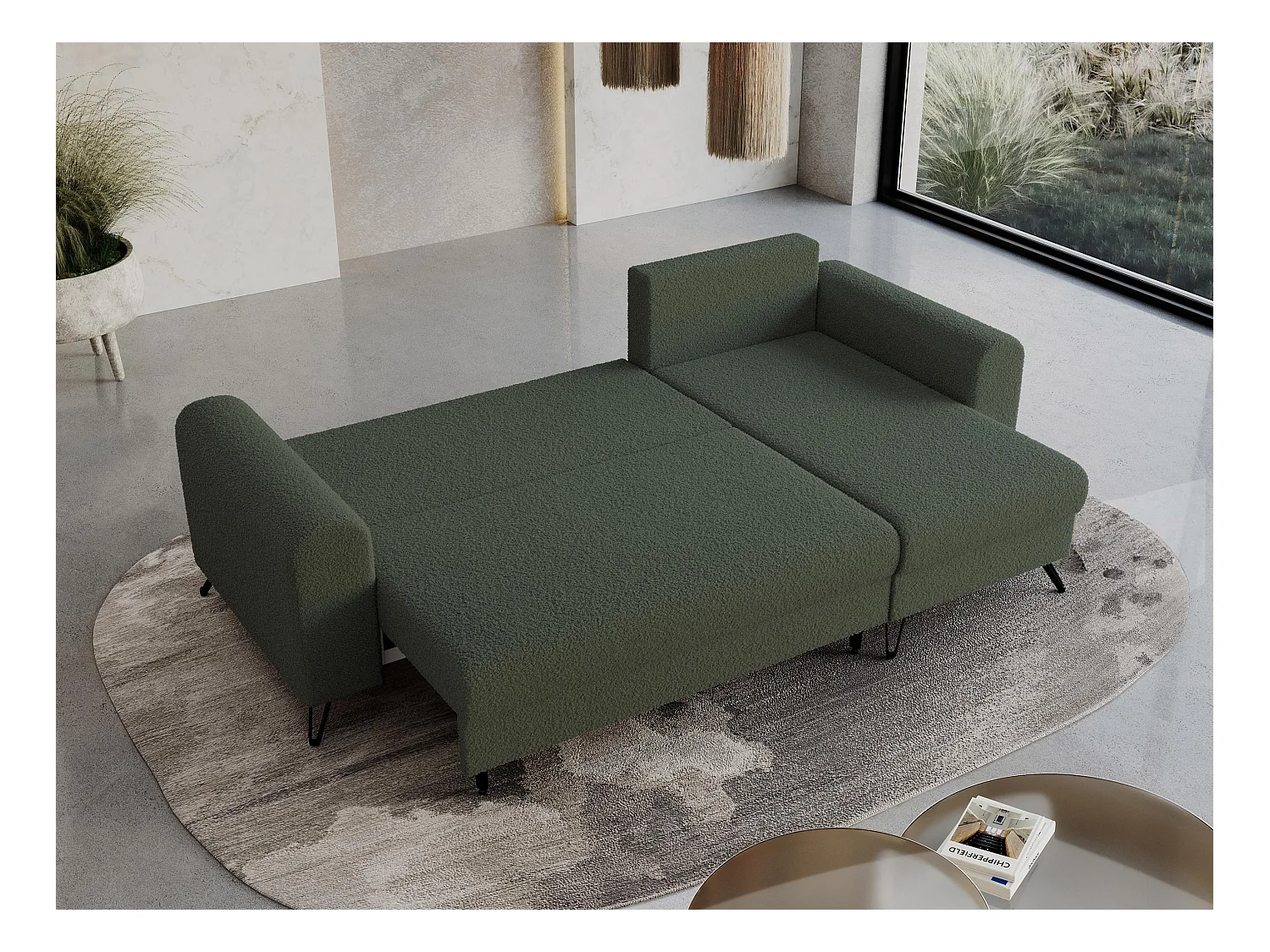 Ecksofa HUGO - L-Form mit Schlaffunktion, lose Kissen - Grün Boucle