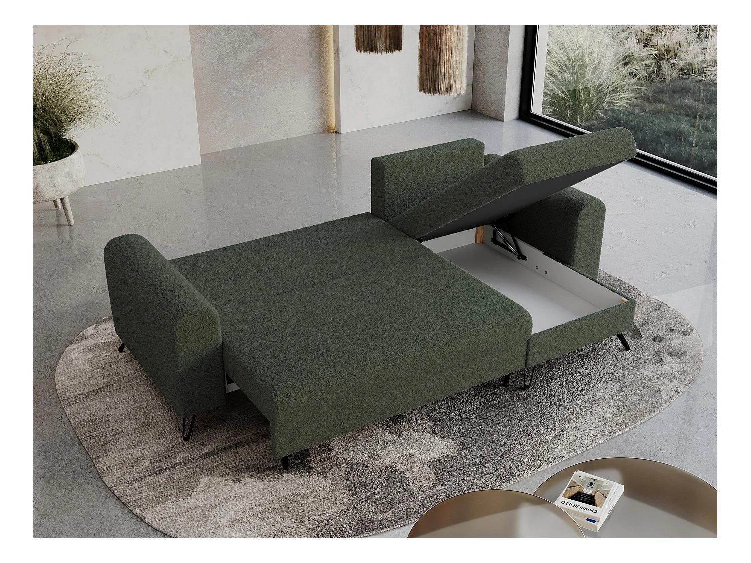 Ecksofa HUGO - L-Form mit Schlaffunktion, lose Kissen - Grün Boucle