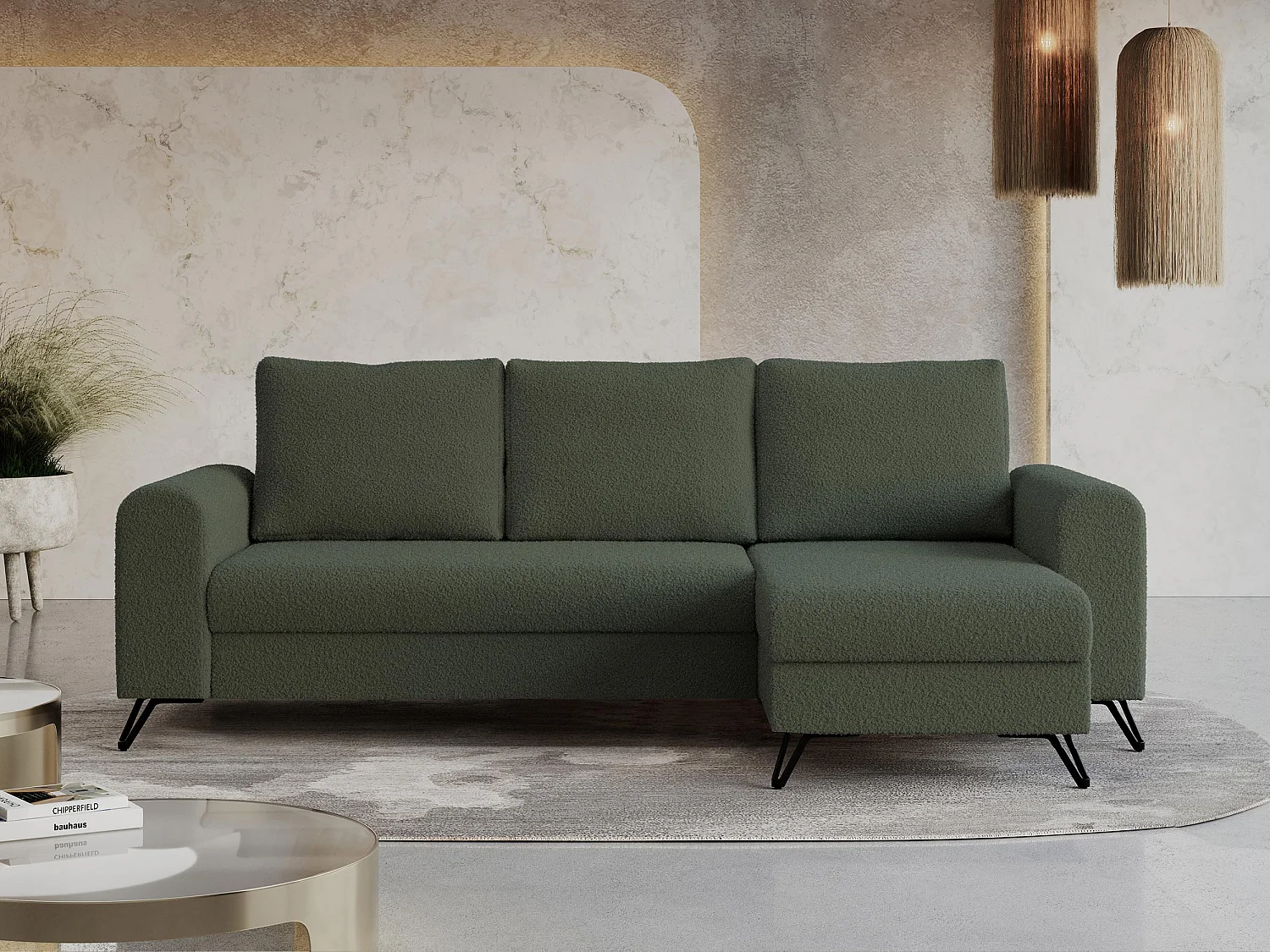 Ecksofa HUGO - L-Form mit Schlaffunktion, lose Kissen - Grün Boucle