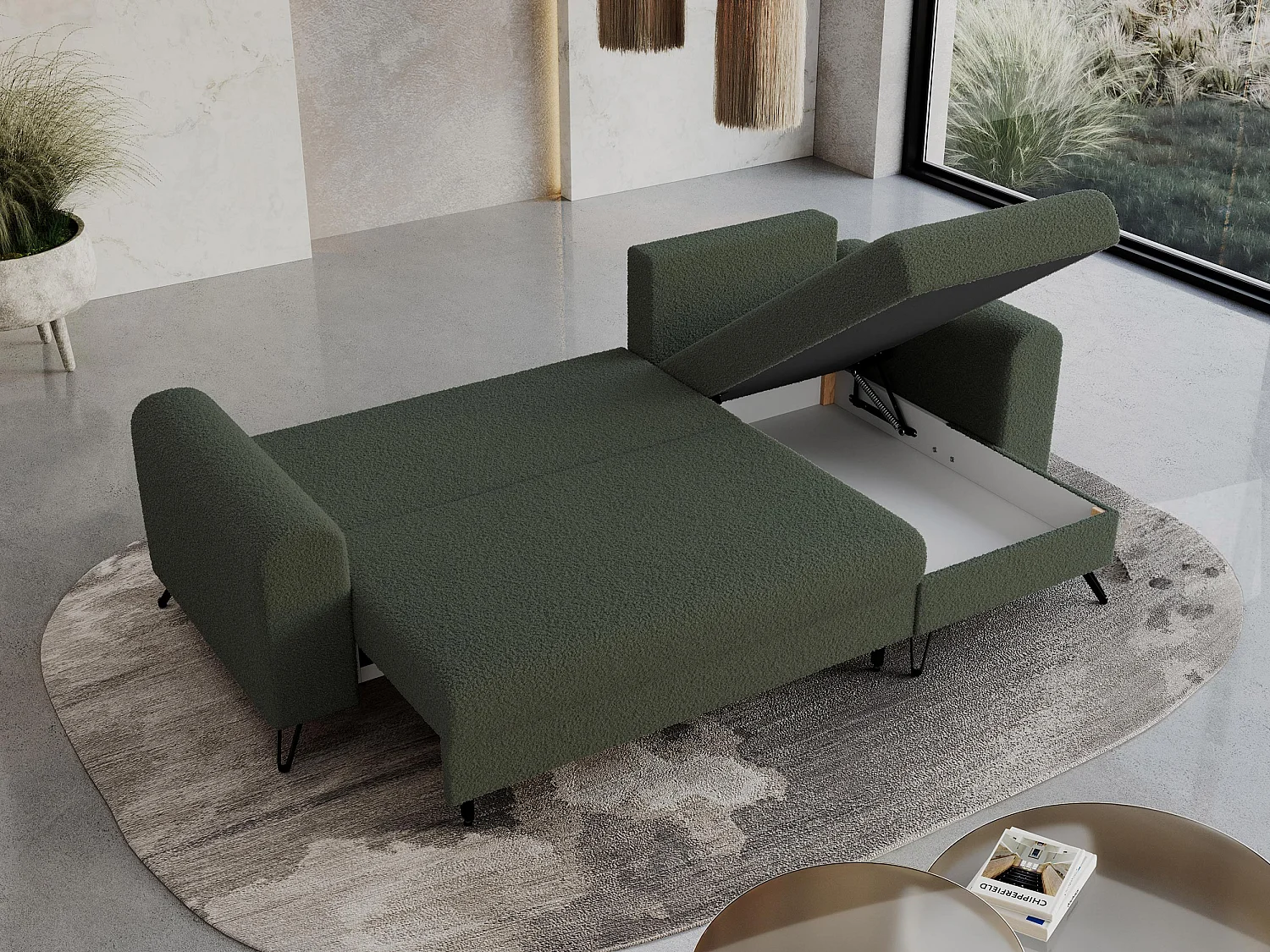 Ecksofa HUGO - L-Form mit Schlaffunktion, lose Kissen - Grün Boucle