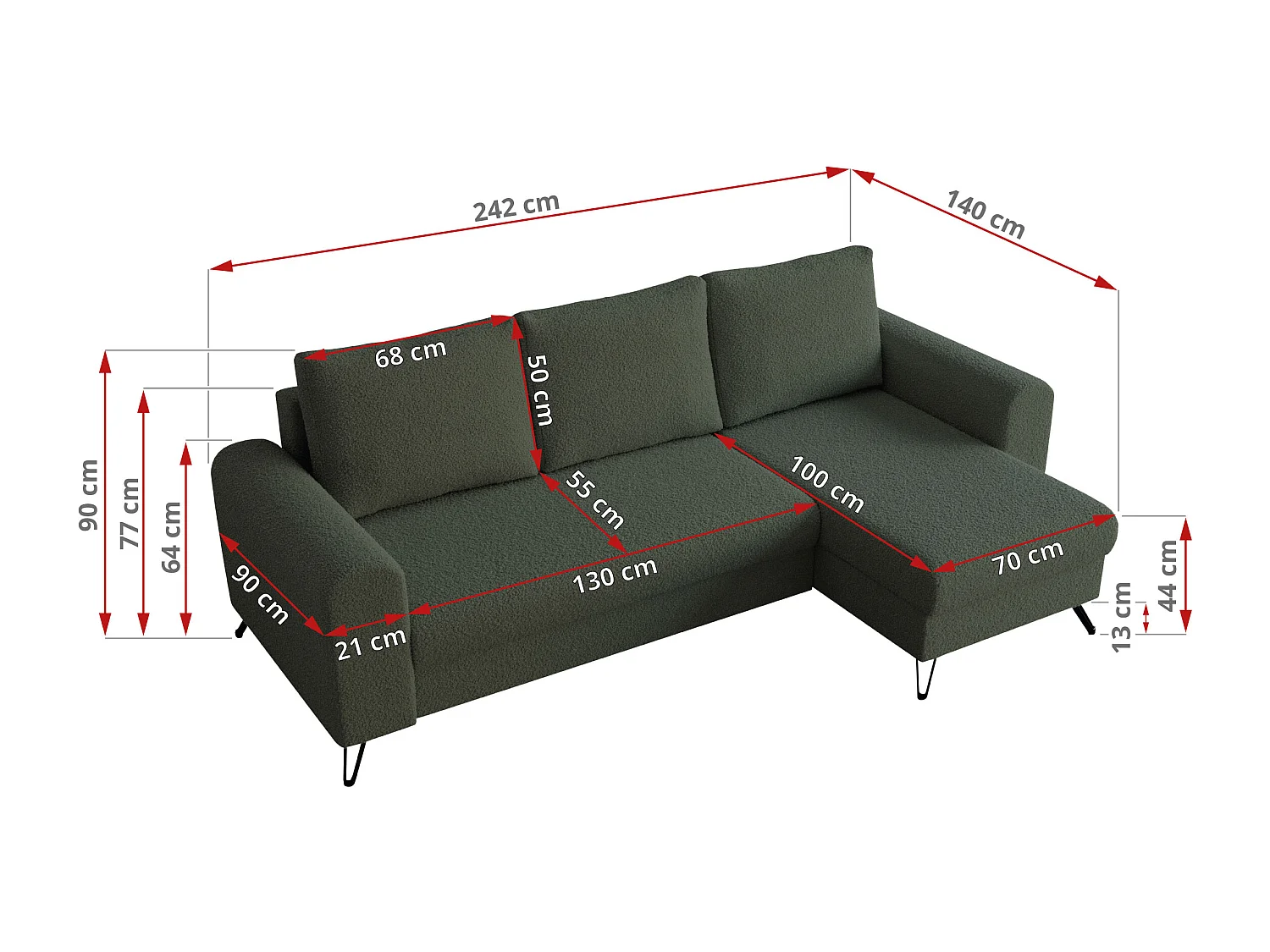 Ecksofa HUGO - L-Form mit Schlaffunktion, lose Kissen - Grün Boucle