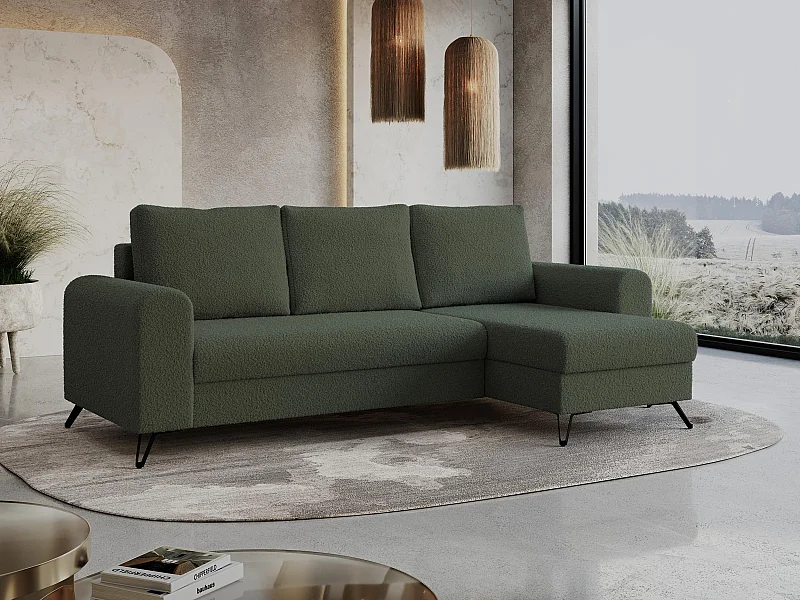 Ecksofa HUGO - L-Form mit Schlaffunktion, lose Kissen - Grün Boucle