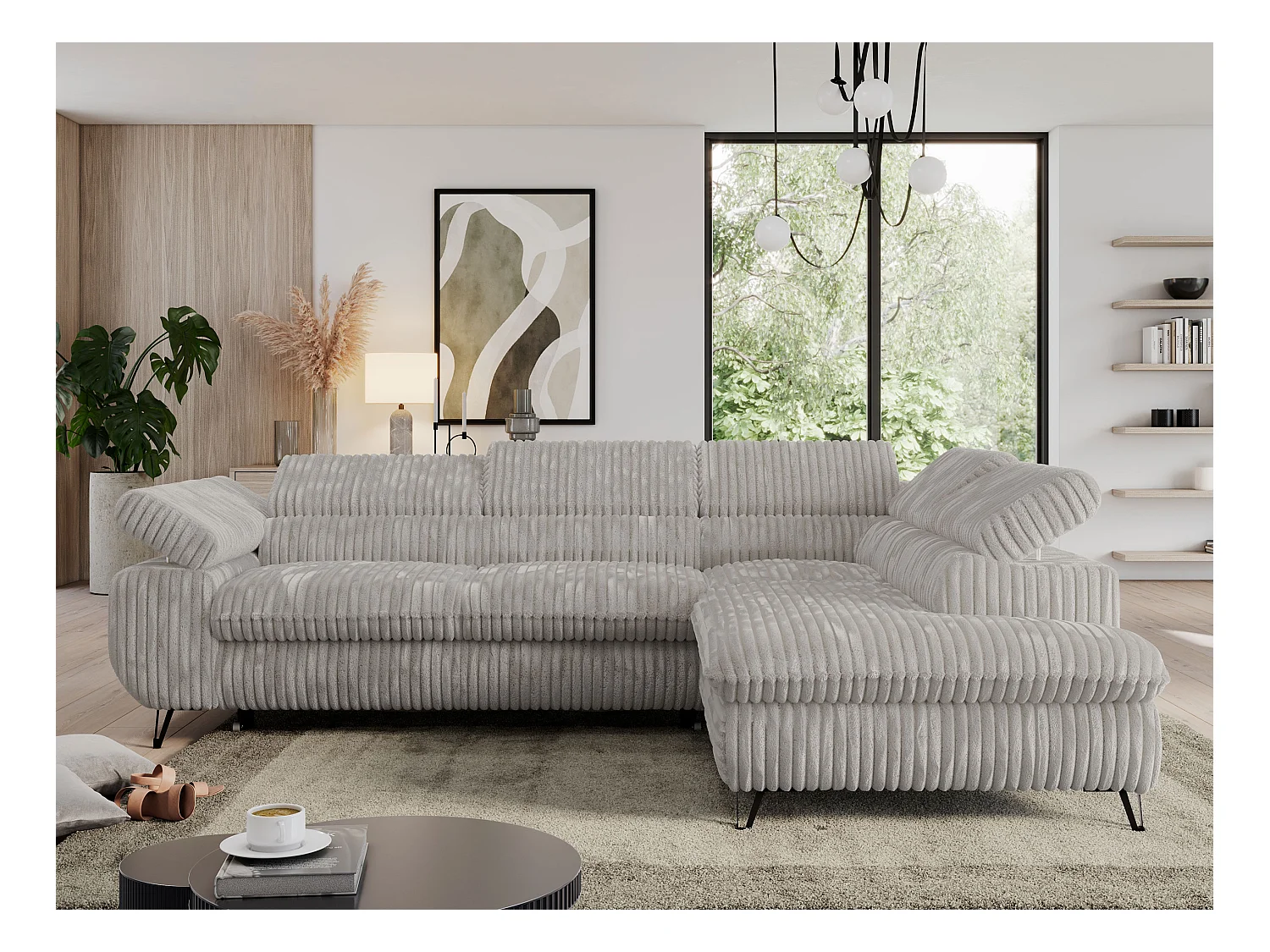 Ecksofa PEDRO - L-Form mit Schlaffunktion 200x125 cm, verstellbaren Kopfstützen - Hellgrau Cord - Ecke Rechts